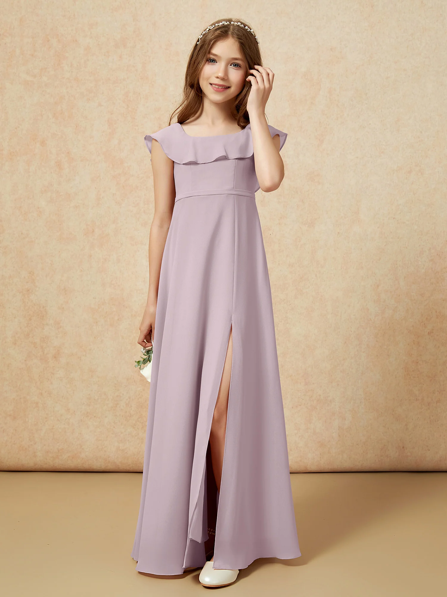 Square Neck Chiffon Junior Bridesmaid Dress With Slit Dusk