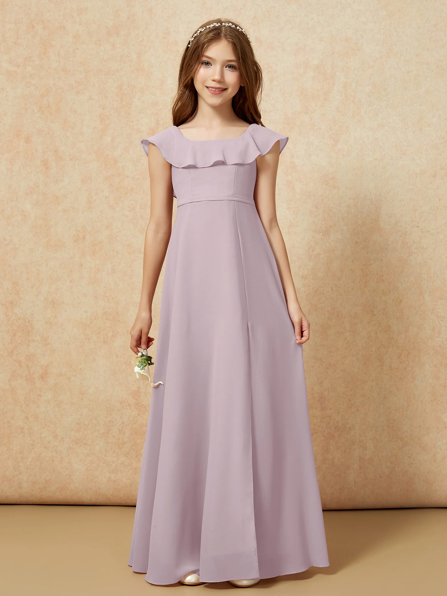 Square Neck Chiffon Junior Bridesmaid Dress With Slit Dusk - Image 4