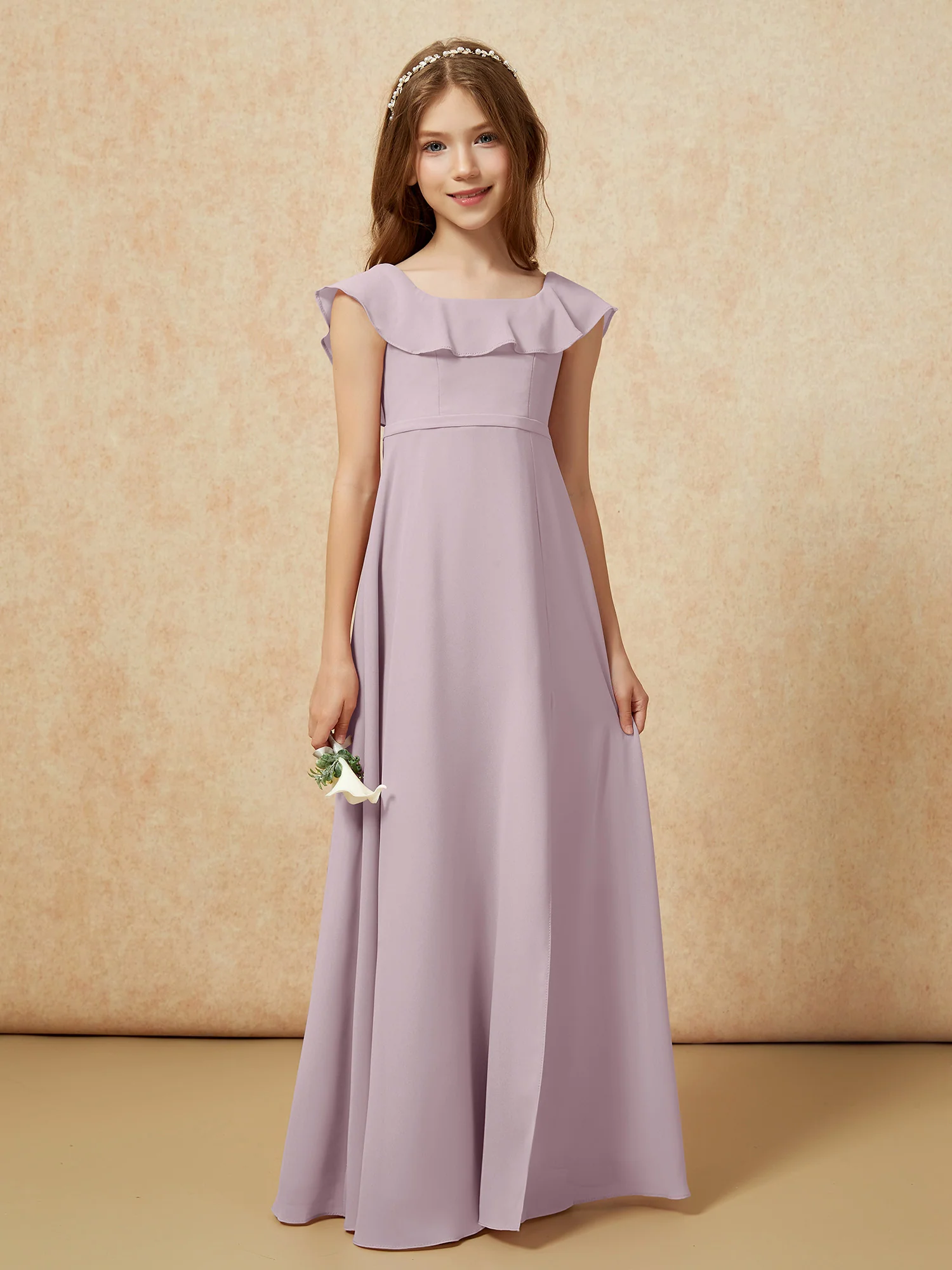 Square Neck Chiffon Junior Bridesmaid Dress With Slit Dusk - Image 5
