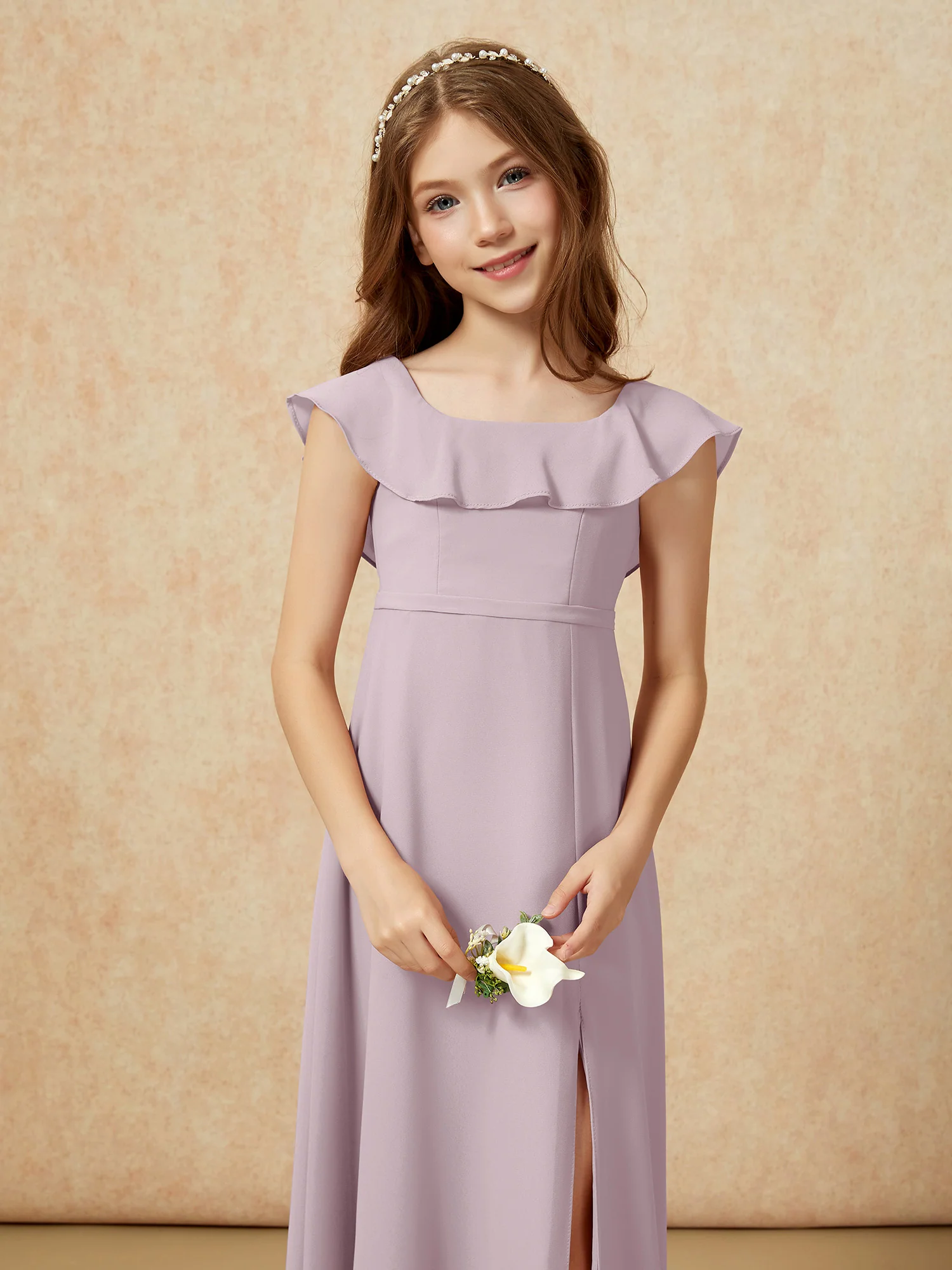 Square Neck Chiffon Junior Bridesmaid Dress With Slit Dusk - Image 6