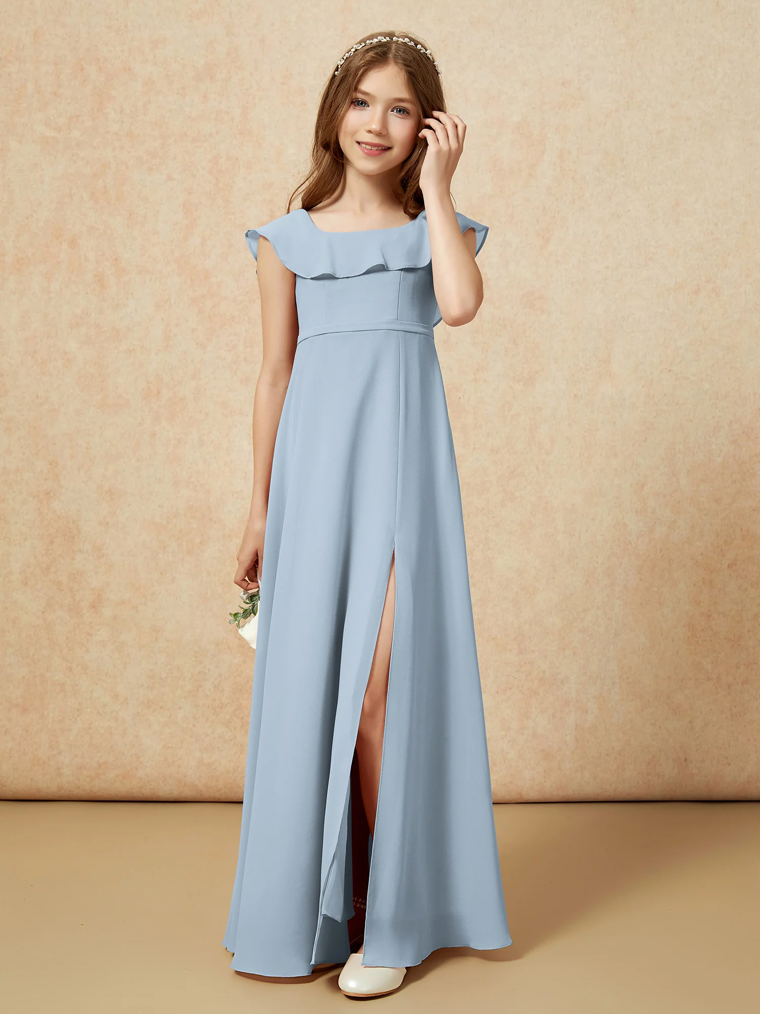 Square Neck Chiffon Junior Bridesmaid Dress With Slit Dusty Blue