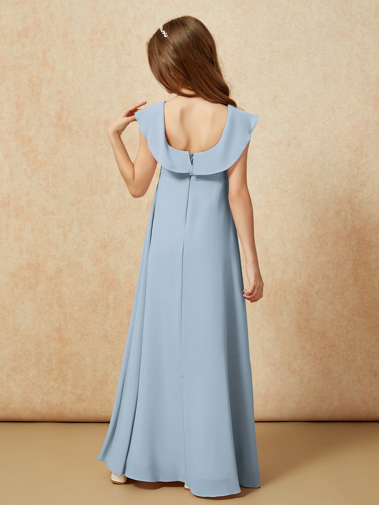 Square Neck Chiffon Junior Bridesmaid Dress With Slit Dusty Blue - Image 2
