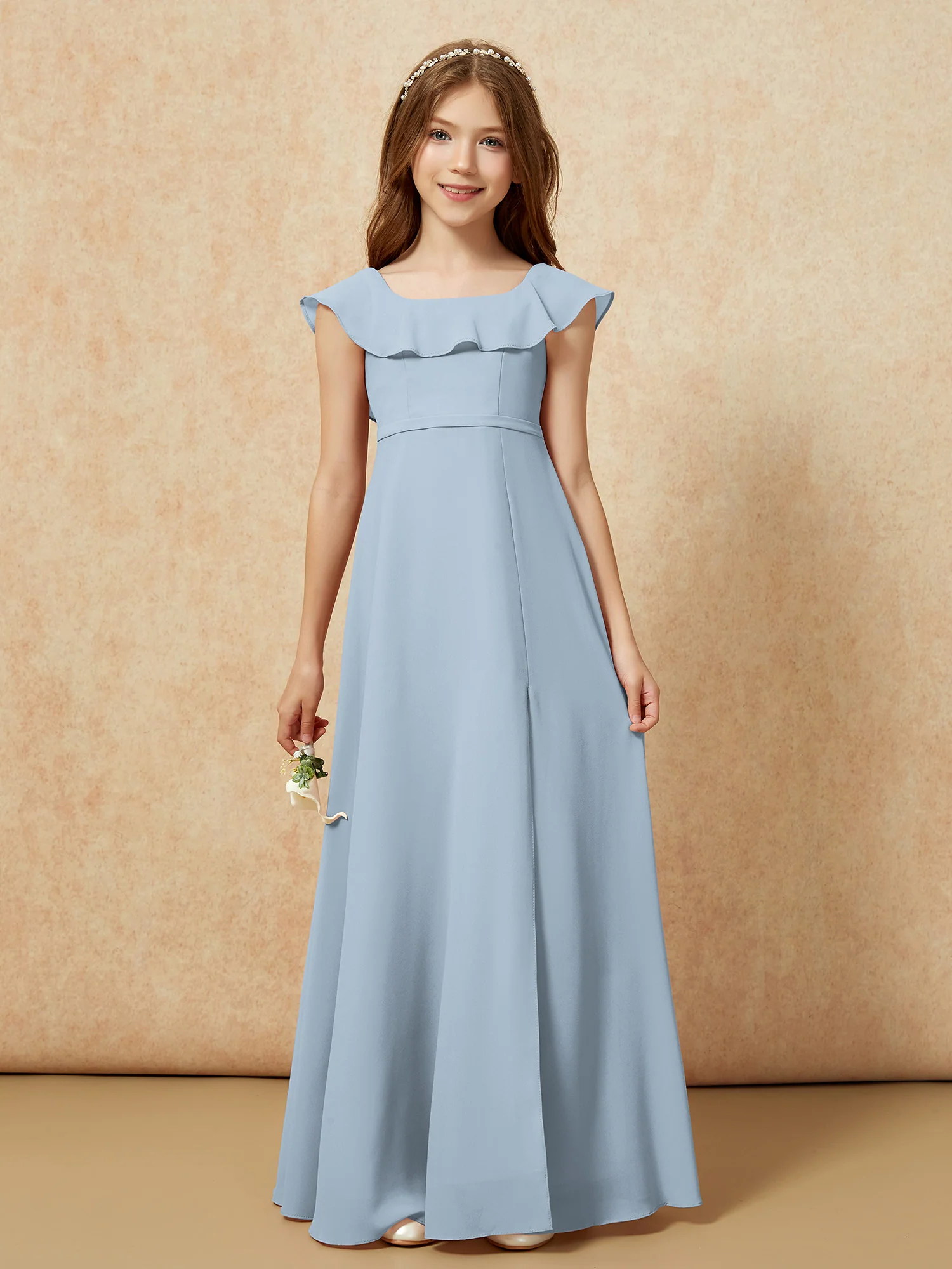 Square Neck Chiffon Junior Bridesmaid Dress With Slit Dusty Blue - Image 4
