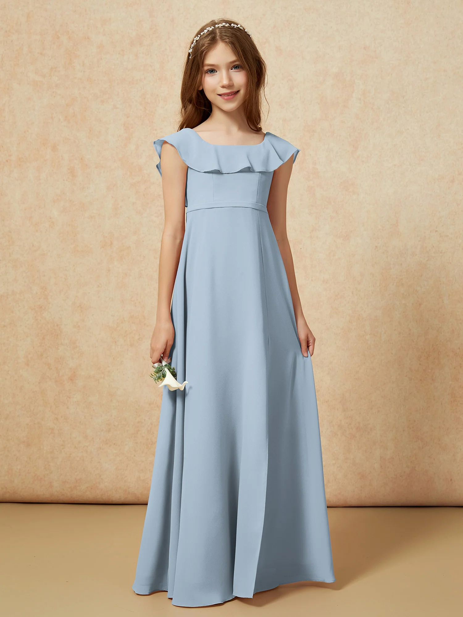 Square Neck Chiffon Junior Bridesmaid Dress With Slit Dusty Blue - Image 5
