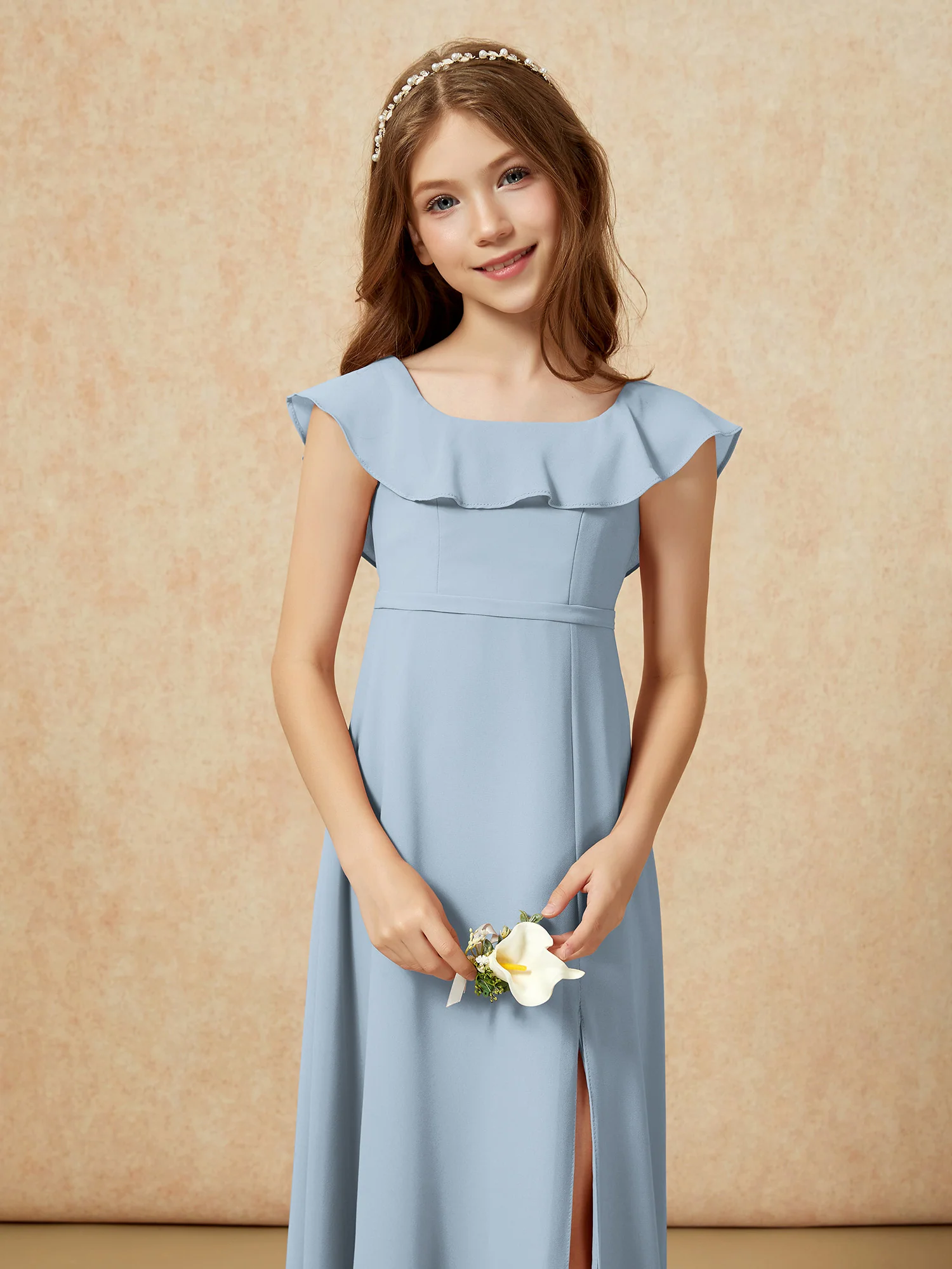 Square Neck Chiffon Junior Bridesmaid Dress With Slit Dusty Blue - Image 6