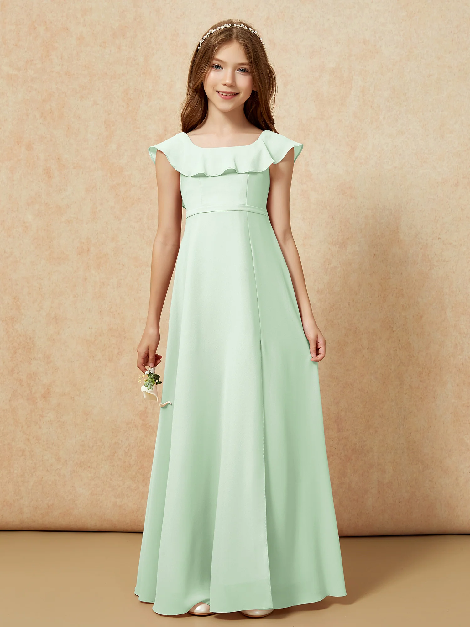 Square Neck Chiffon Junior Bridesmaid Dress With Slit Dusty Sage - Image 4