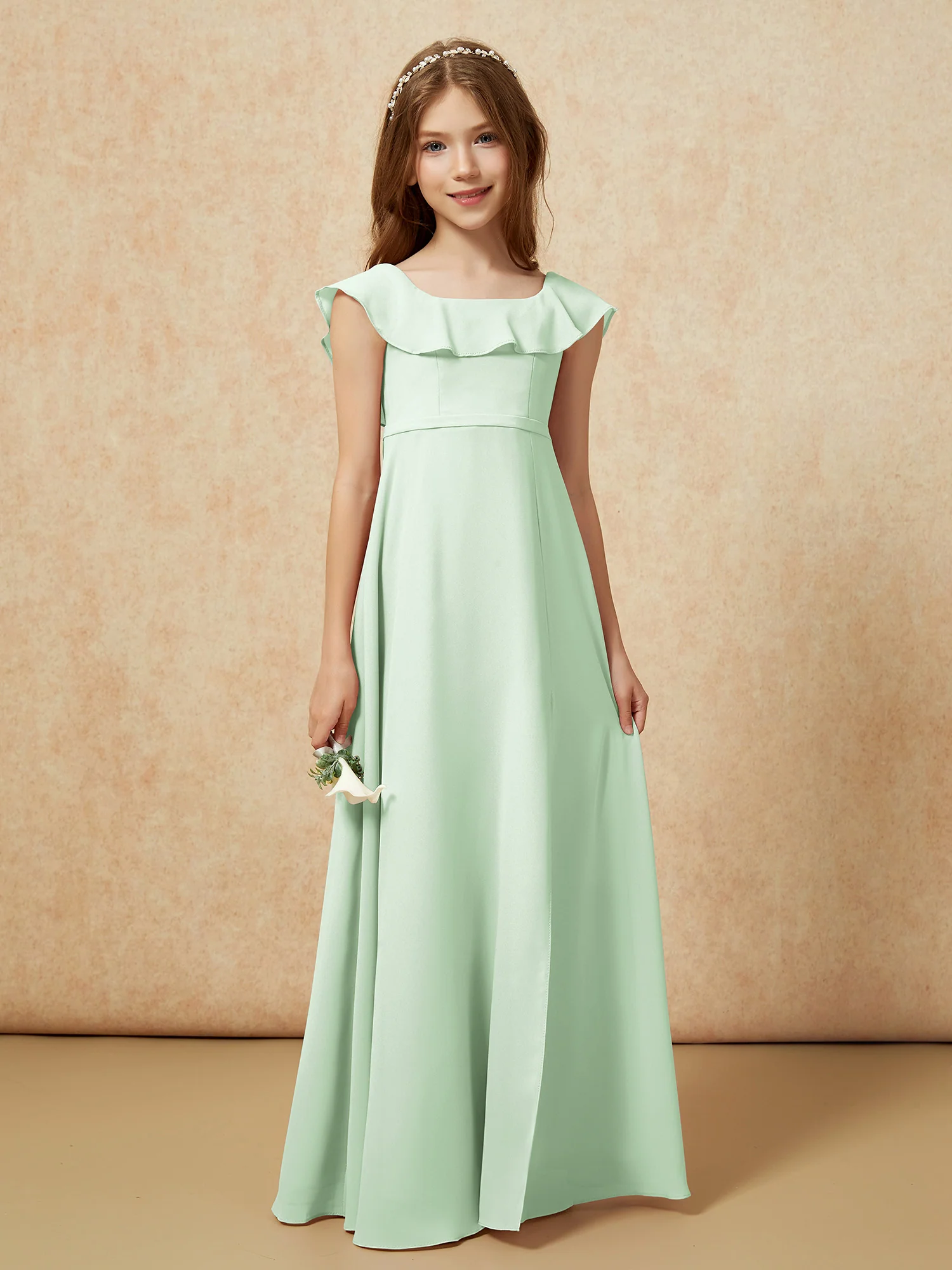 Square Neck Chiffon Junior Bridesmaid Dress With Slit Dusty Sage - Image 5