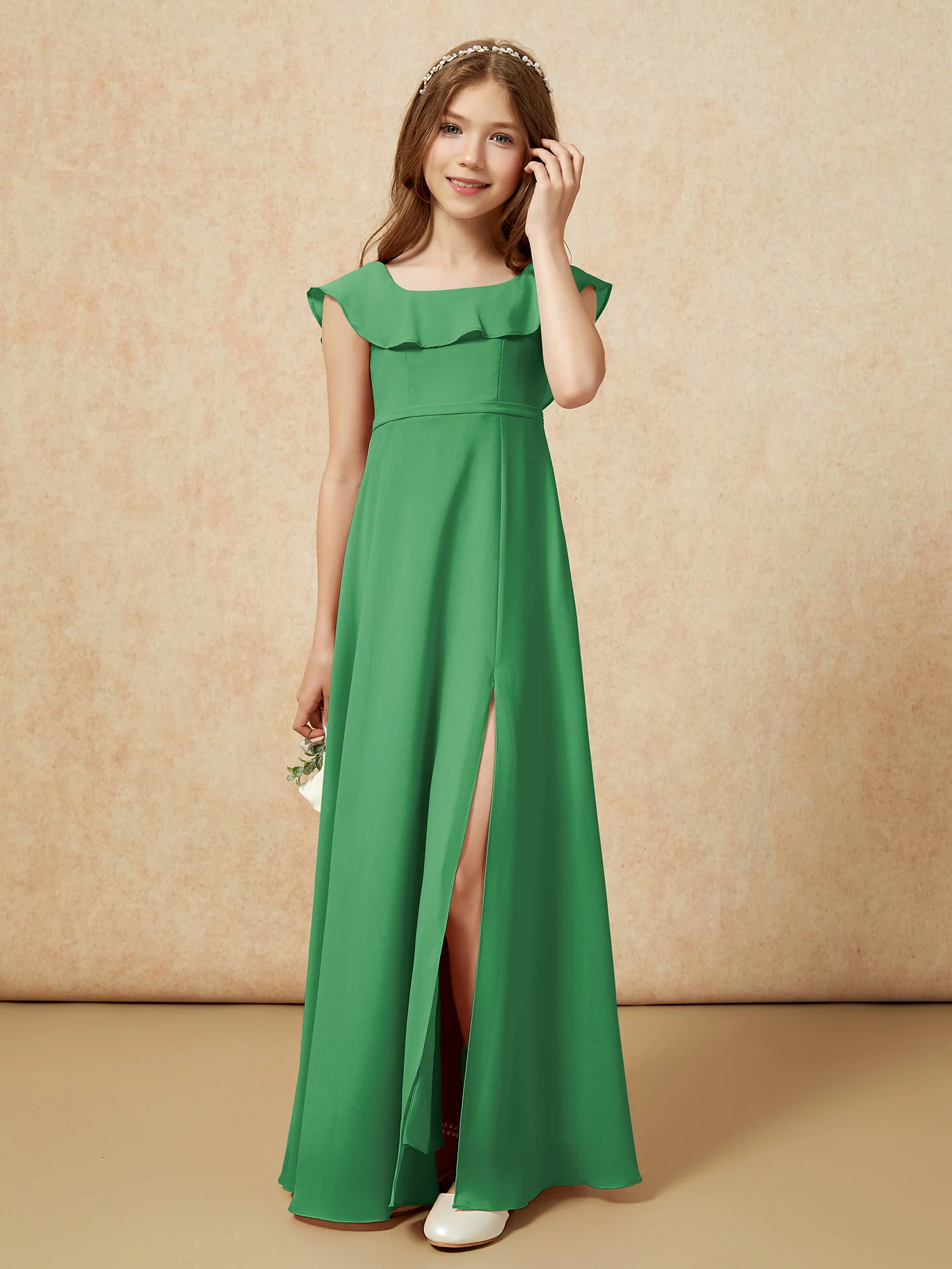 Square Neck Chiffon Junior Bridesmaid Dress With Slit Emerald