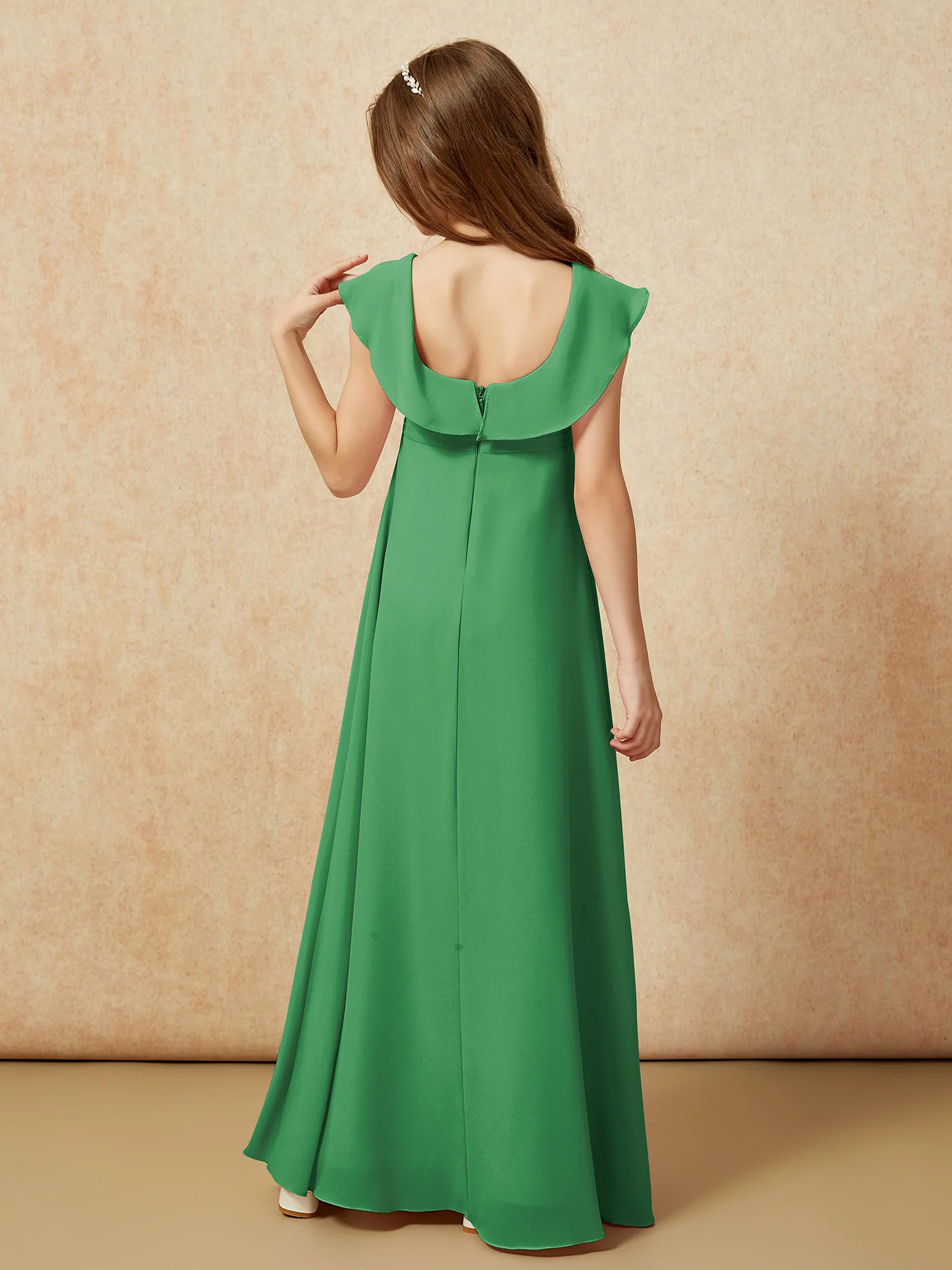 Square Neck Chiffon Junior Bridesmaid Dress With Slit Emerald - Image 2