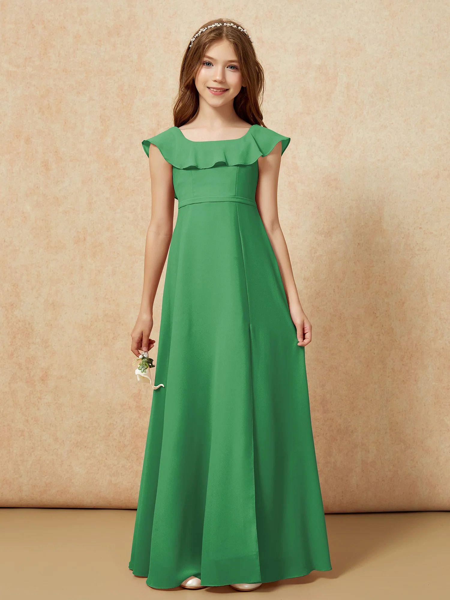 Square Neck Chiffon Junior Bridesmaid Dress With Slit Emerald - Image 4