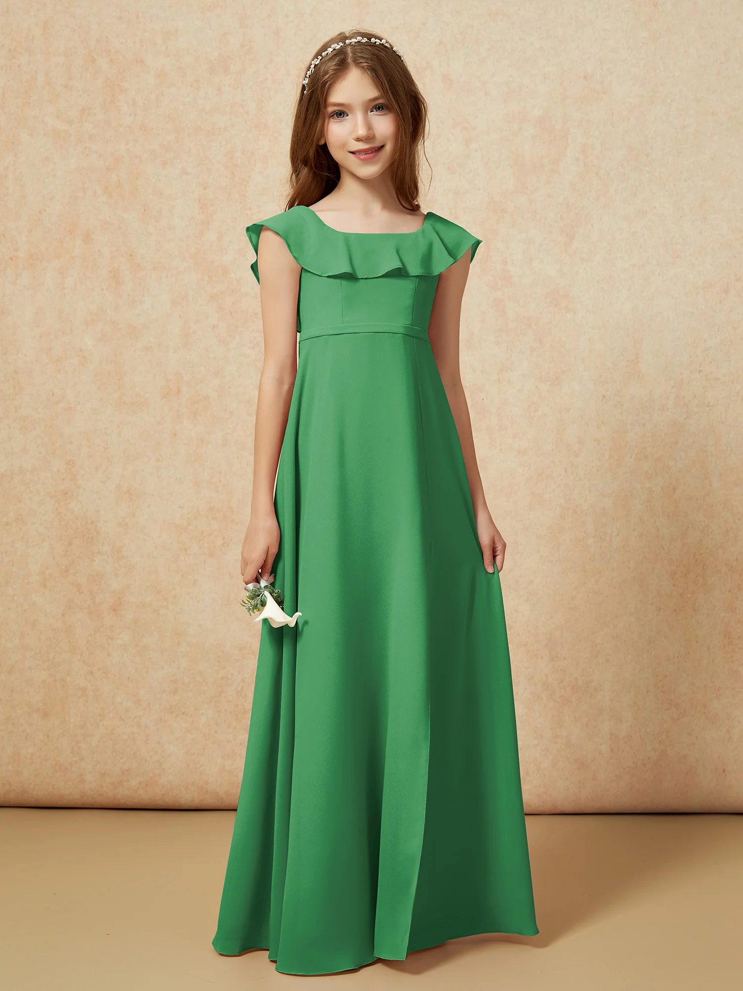 Square Neck Chiffon Junior Bridesmaid Dress With Slit Emerald - Image 5