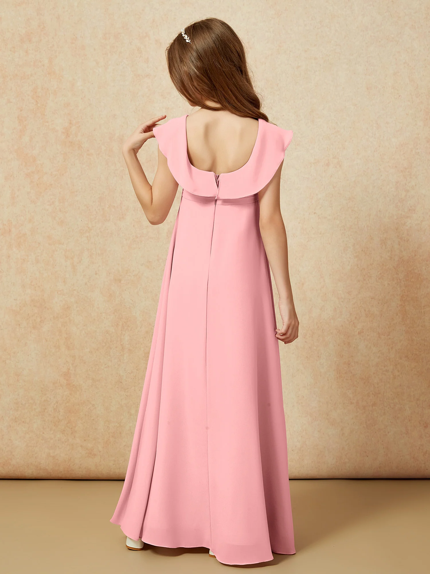 Square Neck Chiffon Junior Bridesmaid Dress With Slit Flamingo - Image 2