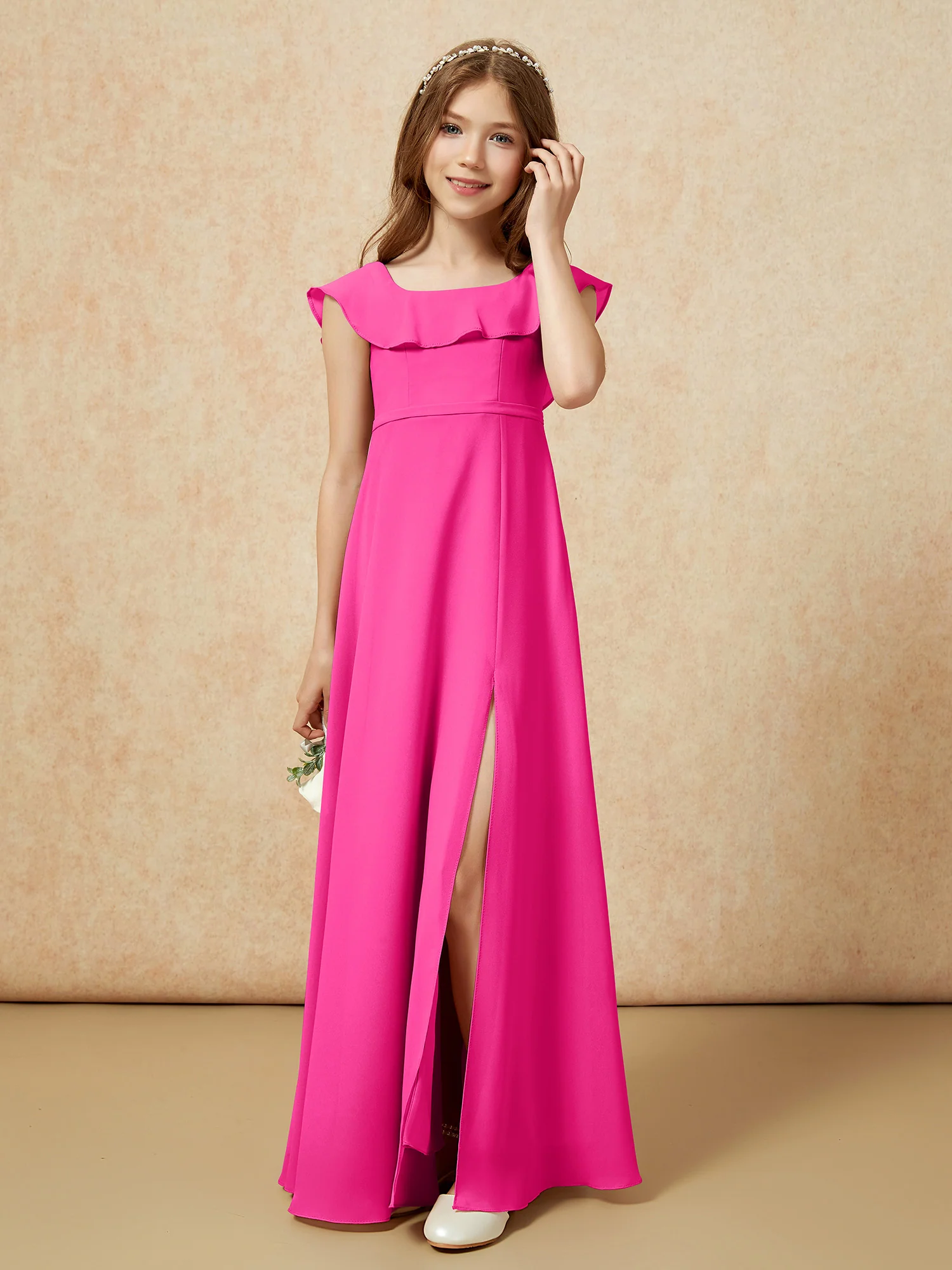 Square Neck Chiffon Junior Bridesmaid Dress With Slit Fuchsia
