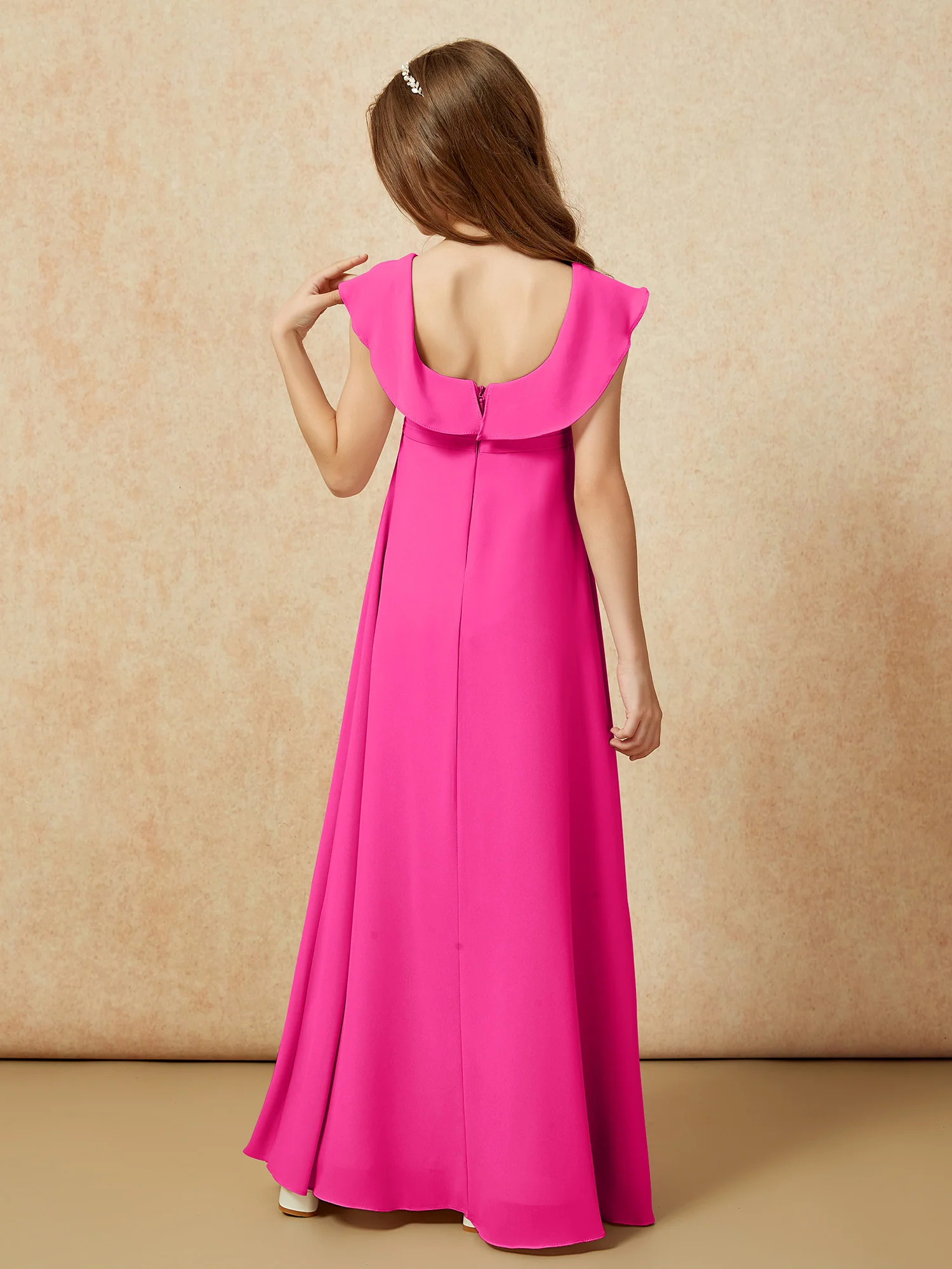 Square Neck Chiffon Junior Bridesmaid Dress With Slit Fuchsia - Image 2