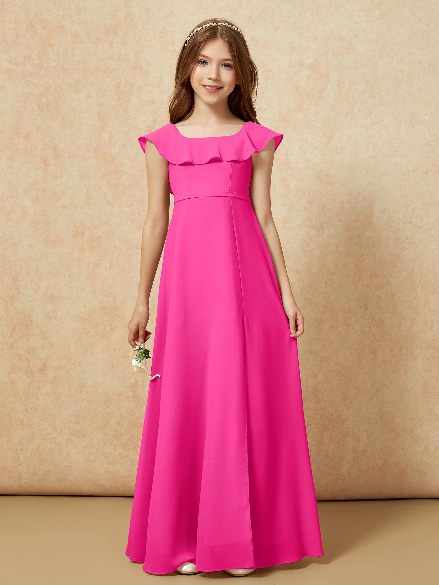 Square Neck Chiffon Junior Bridesmaid Dress With Slit Fuchsia - Image 4