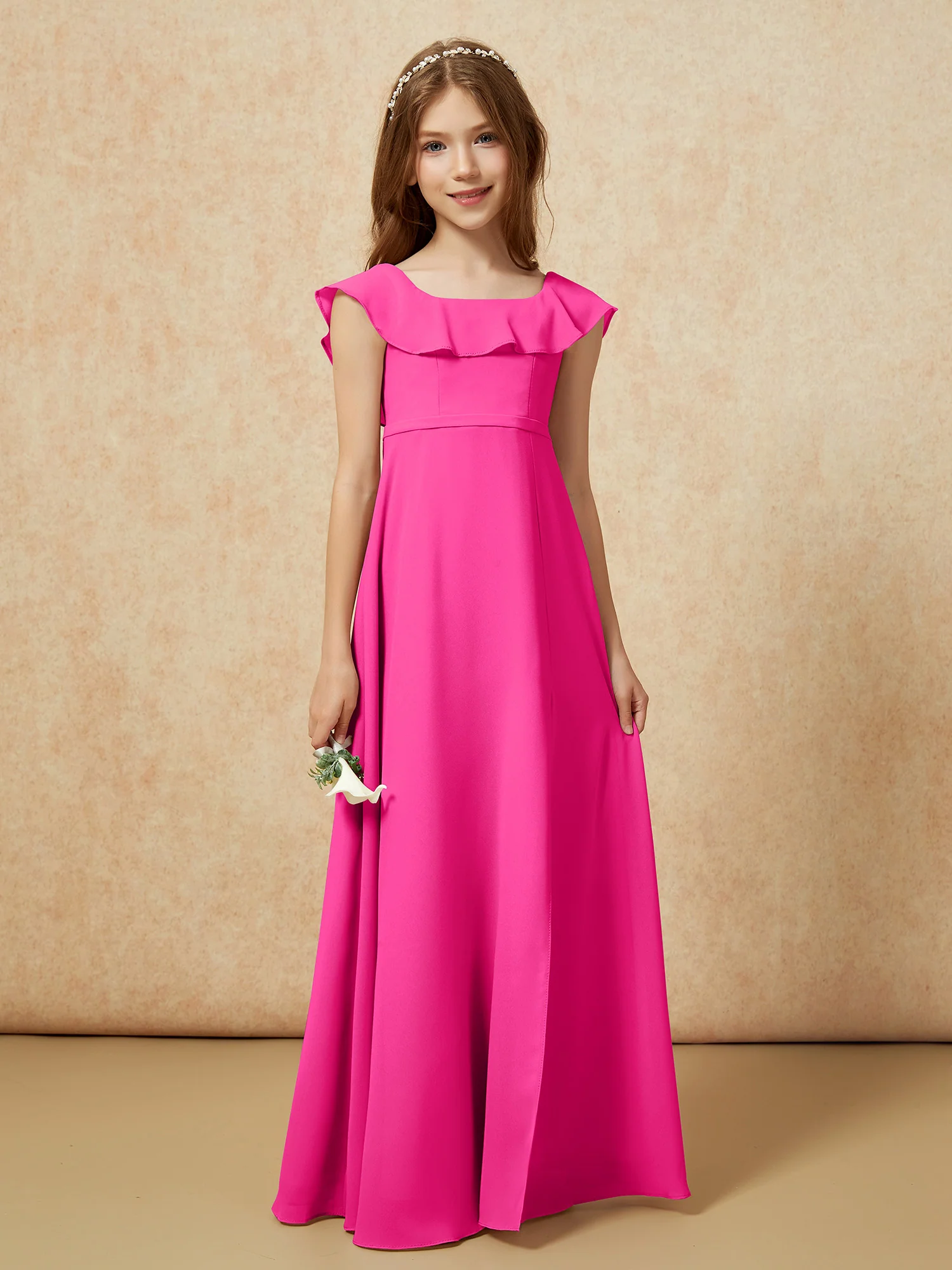 Square Neck Chiffon Junior Bridesmaid Dress With Slit Fuchsia - Image 5