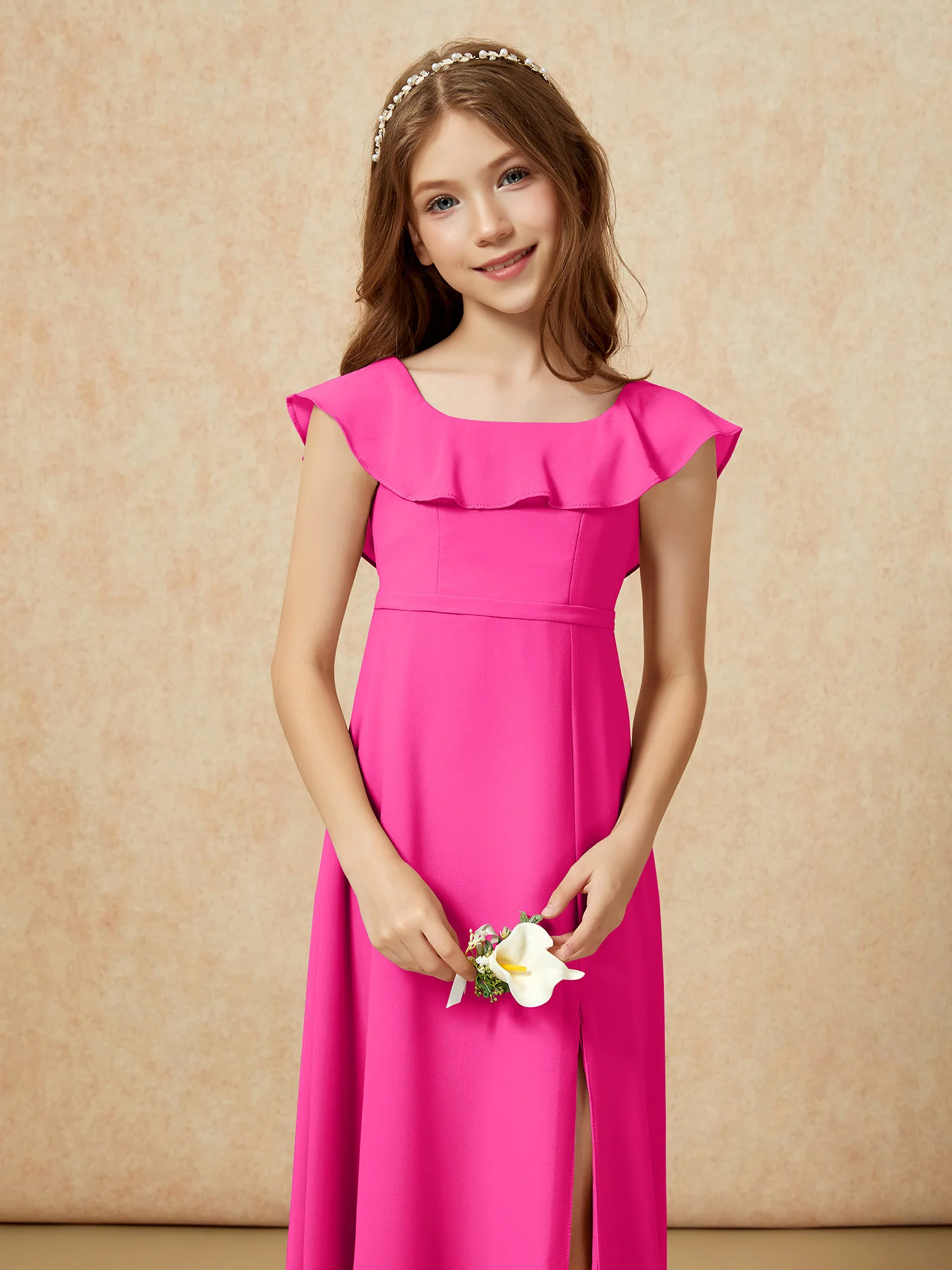 Square Neck Chiffon Junior Bridesmaid Dress With Slit Fuchsia - Image 6