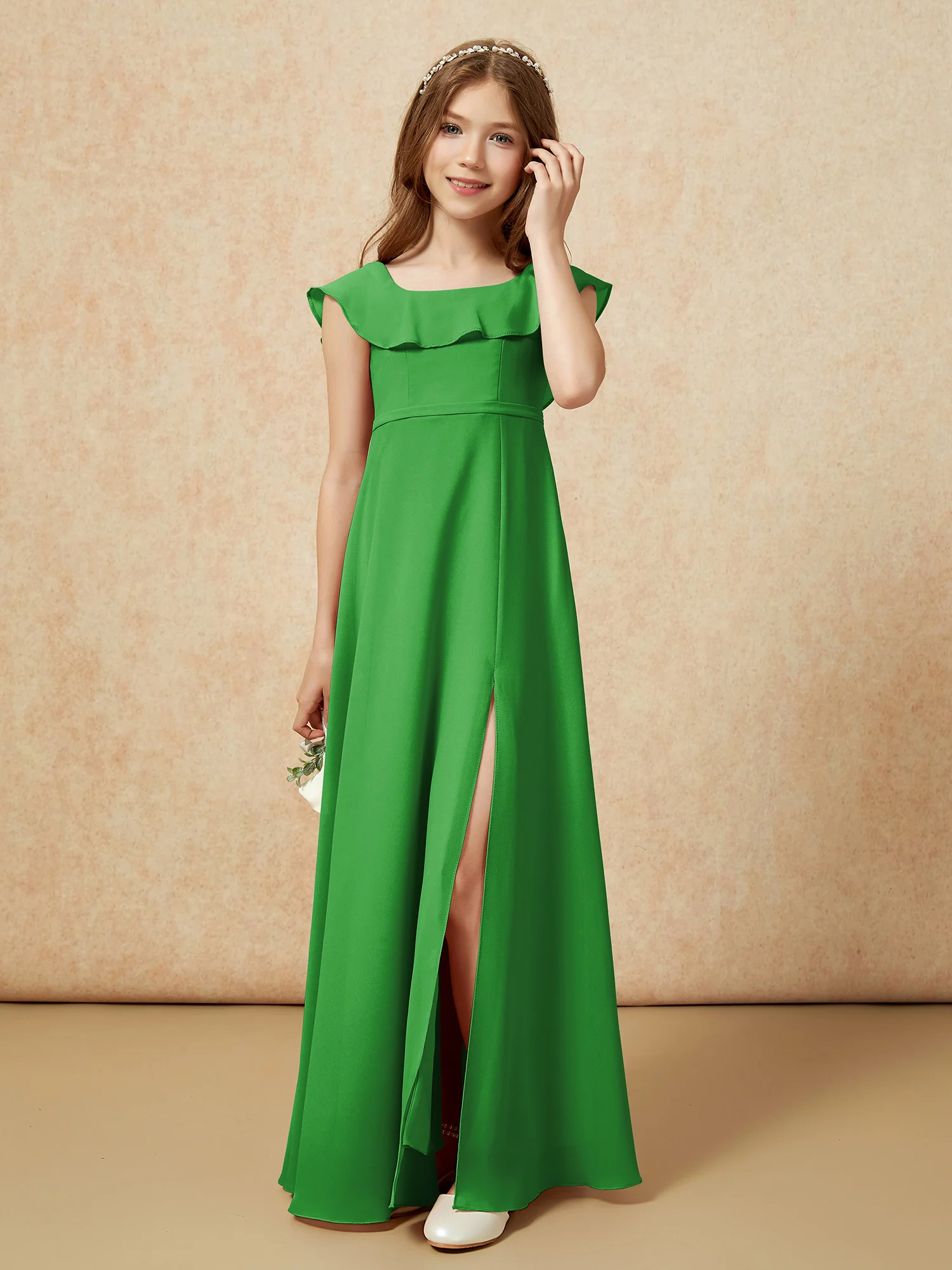 Square Neck Chiffon Junior Bridesmaid Dress With Slit Green