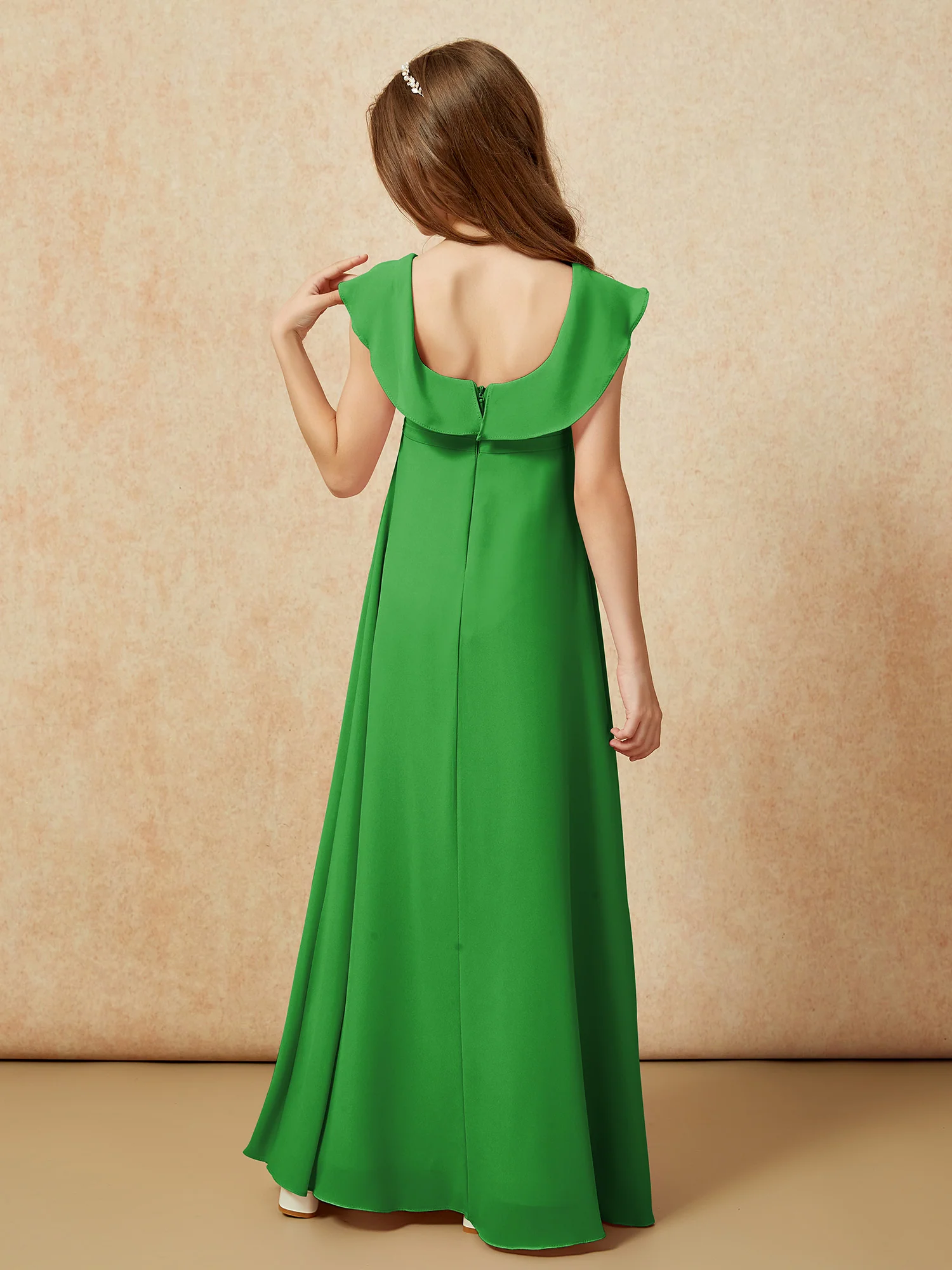 Square Neck Chiffon Junior Bridesmaid Dress With Slit Green - Image 2
