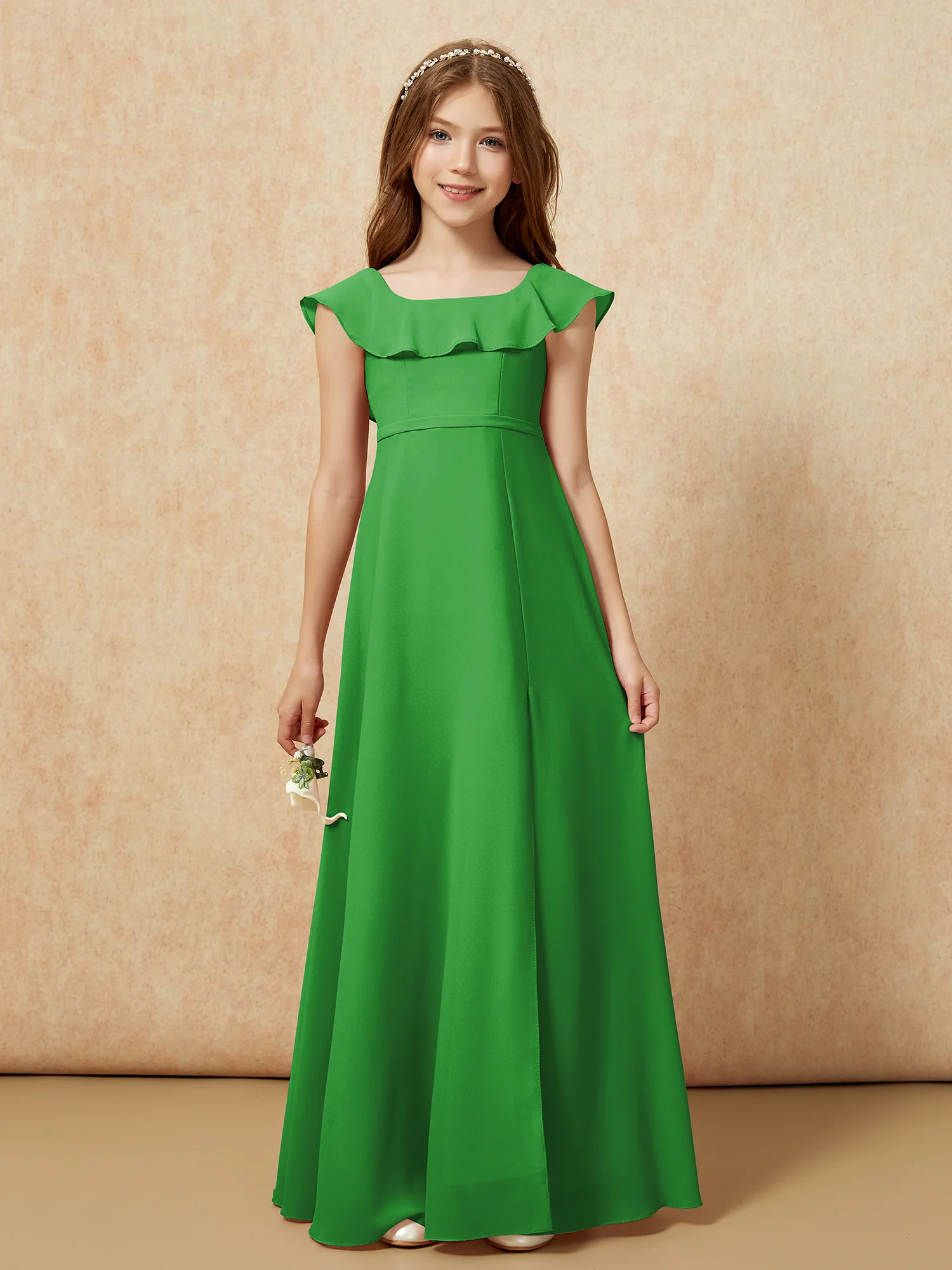 Square Neck Chiffon Junior Bridesmaid Dress With Slit Green - Image 4