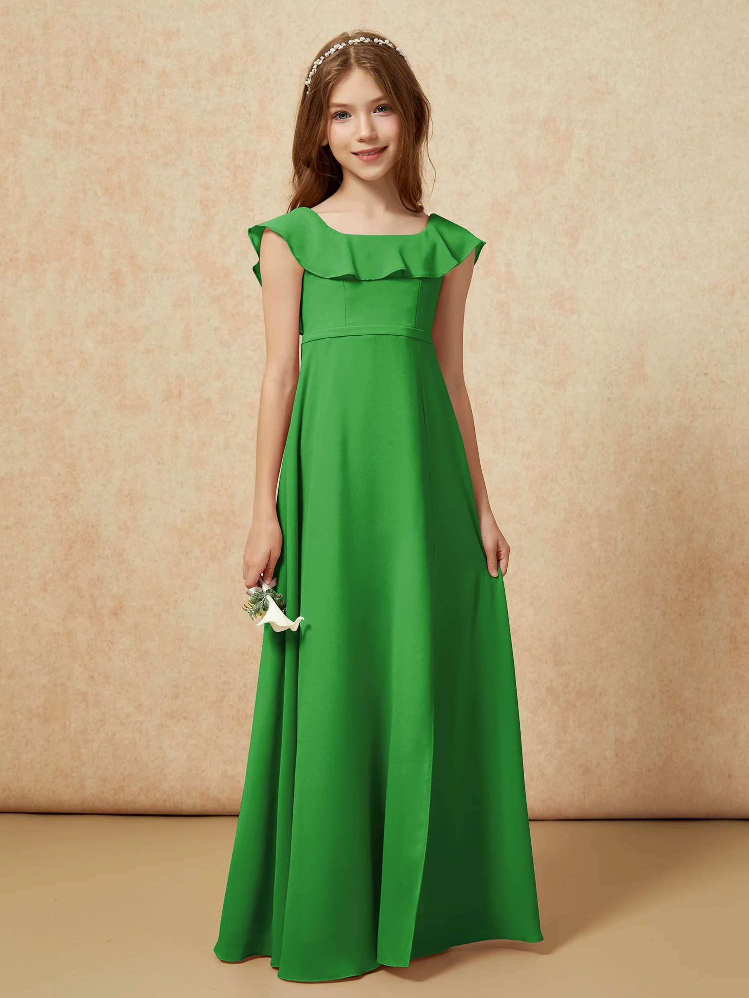 Square Neck Chiffon Junior Bridesmaid Dress With Slit Green - Image 5