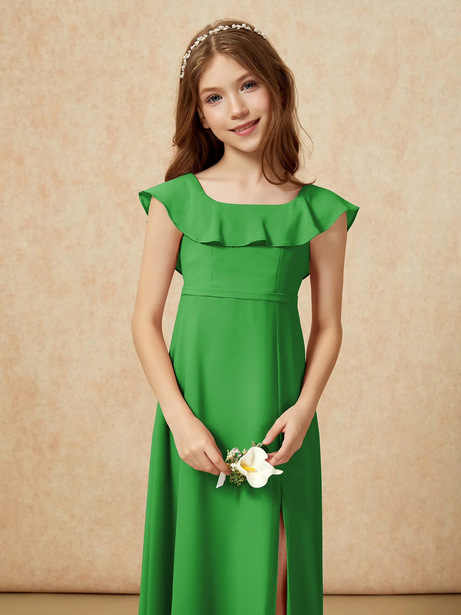 Square Neck Chiffon Junior Bridesmaid Dress With Slit Green - Image 6