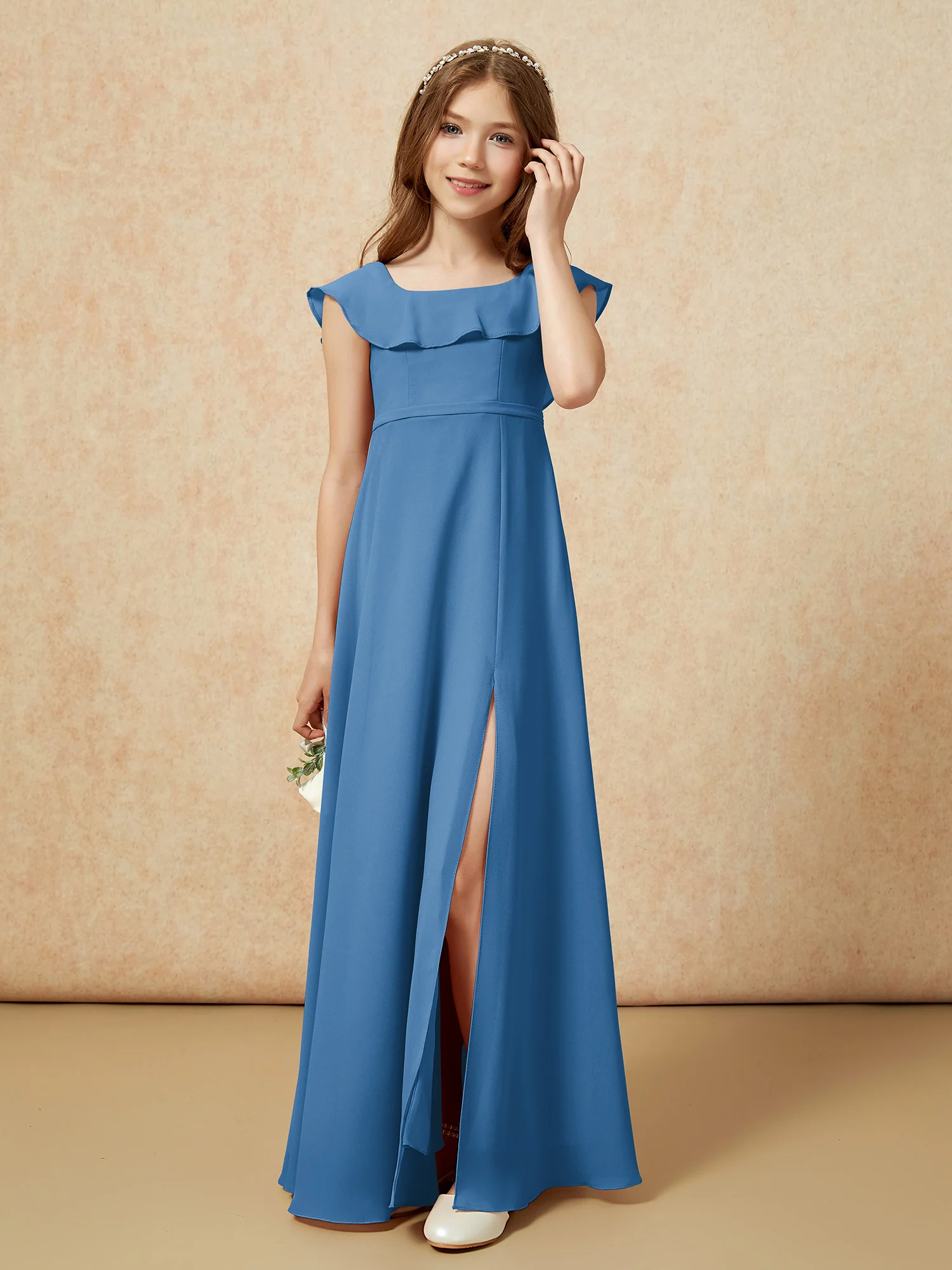 Square Neck Chiffon Junior Bridesmaid Dress With Slit Ink Blue