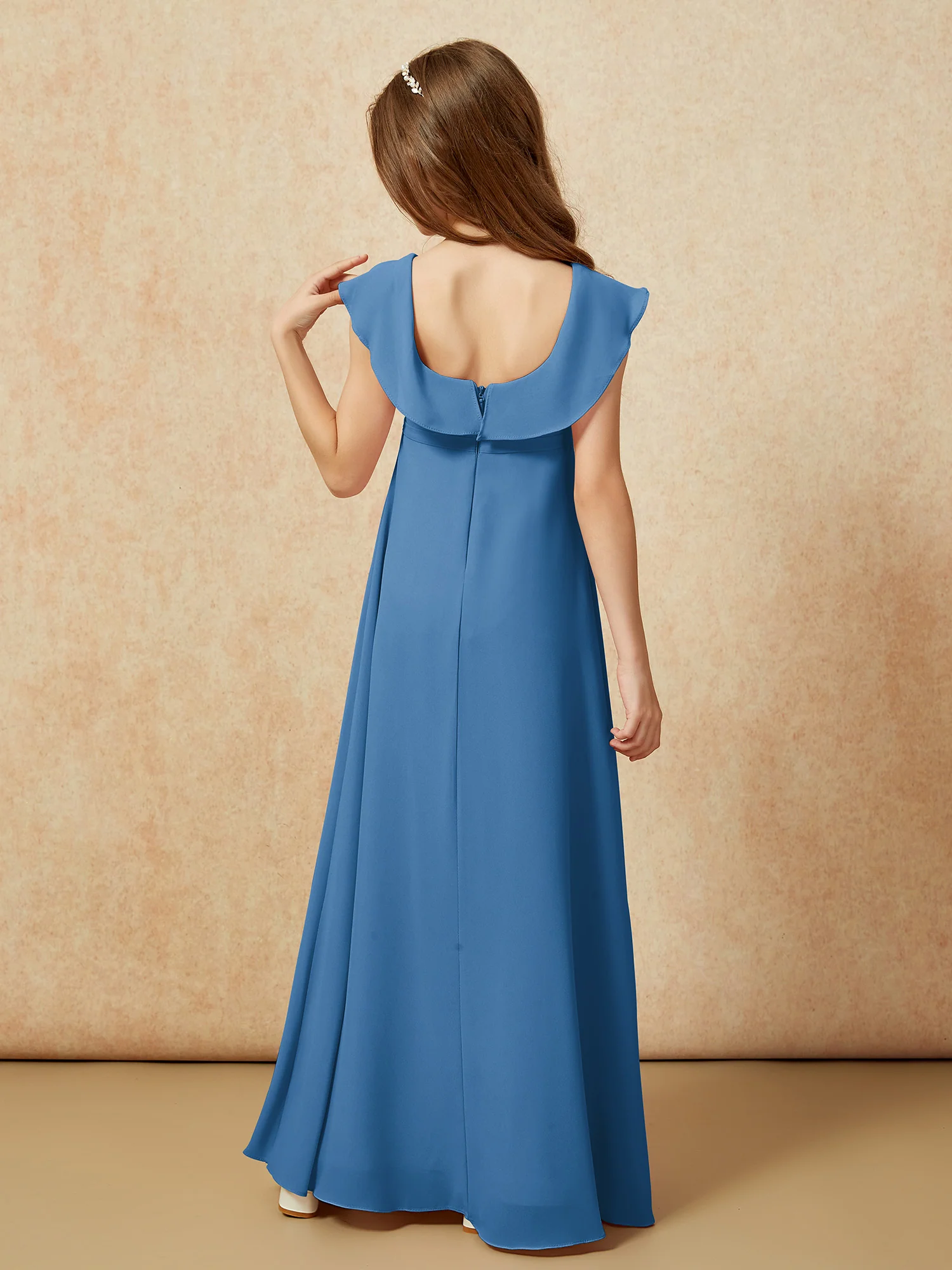 Square Neck Chiffon Junior Bridesmaid Dress With Slit Ink Blue - Image 2