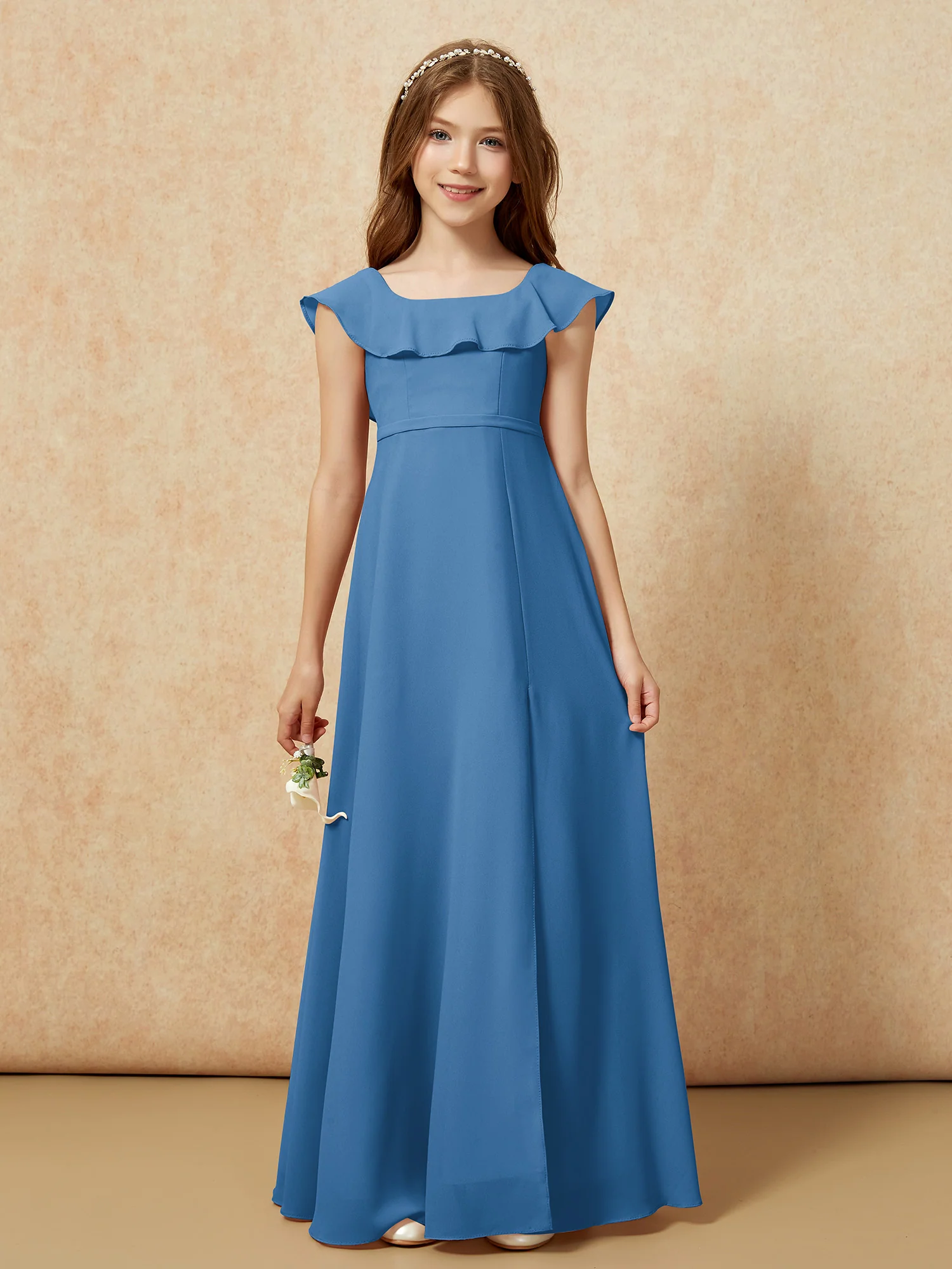 Square Neck Chiffon Junior Bridesmaid Dress With Slit Ink Blue - Image 4