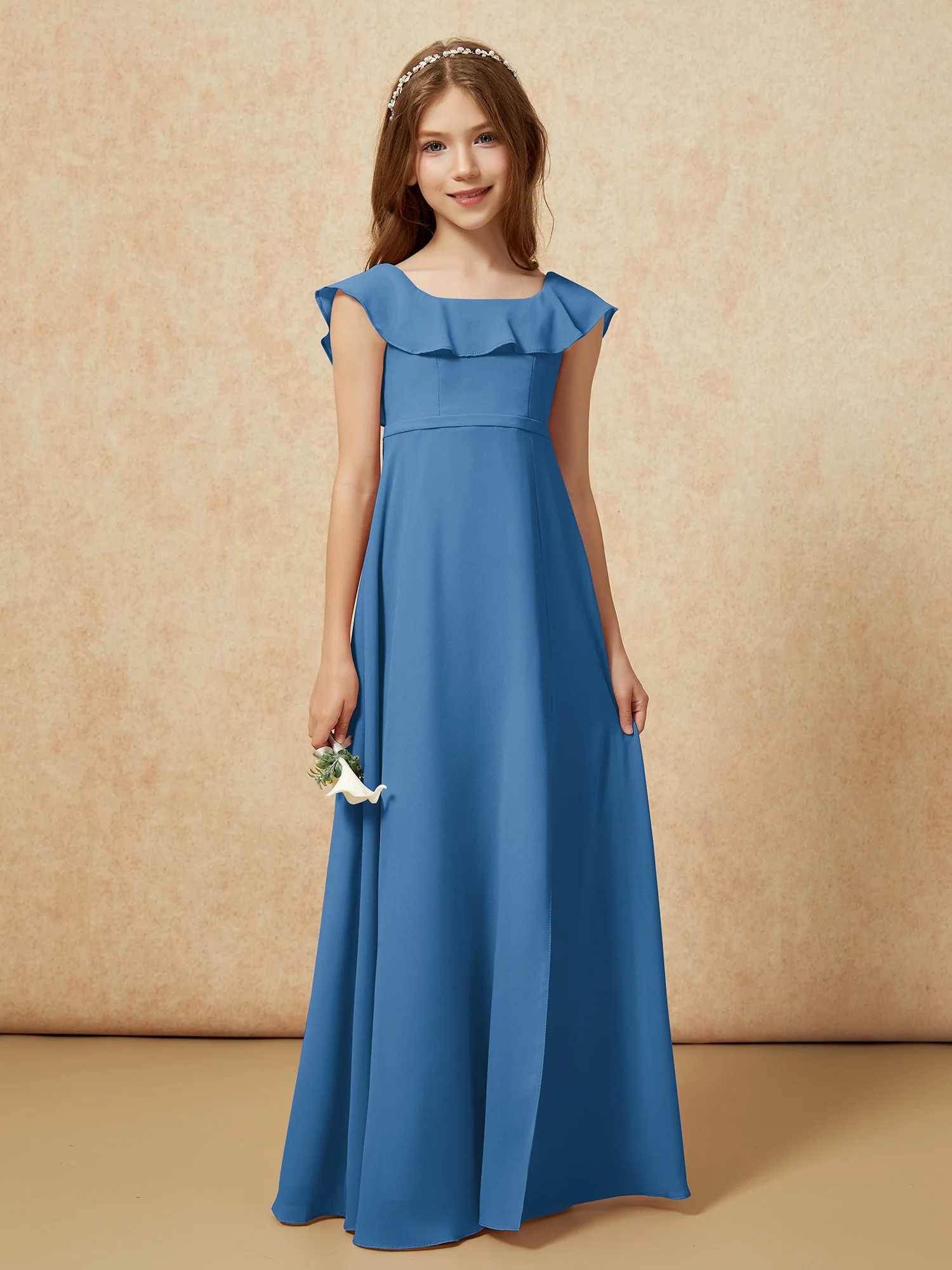 Square Neck Chiffon Junior Bridesmaid Dress With Slit Ink Blue - Image 5