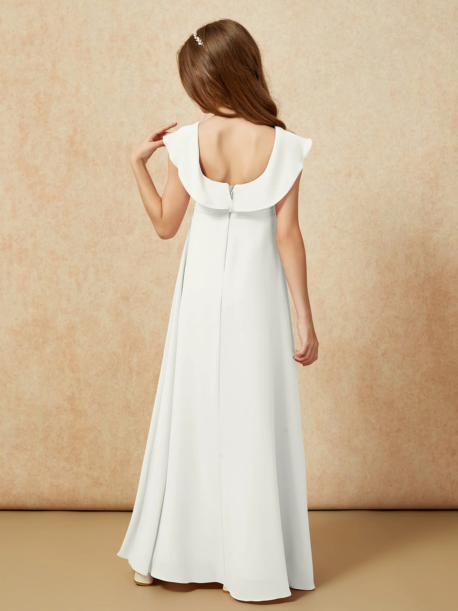 Square Neck Chiffon Junior Bridesmaid Dress With Slit Ivory - Image 2