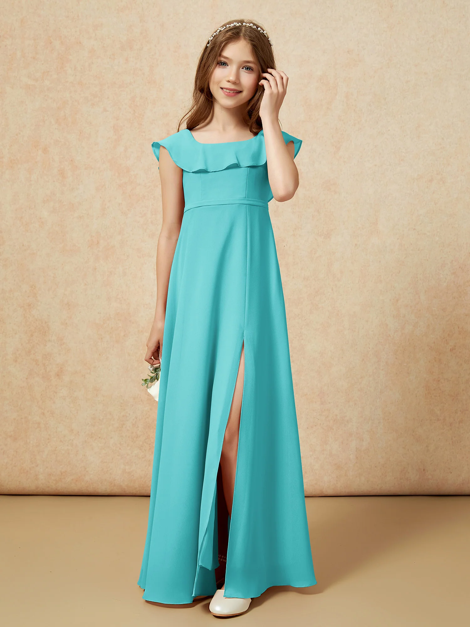 Square Neck Chiffon Junior Bridesmaid Dress With Slit Jade