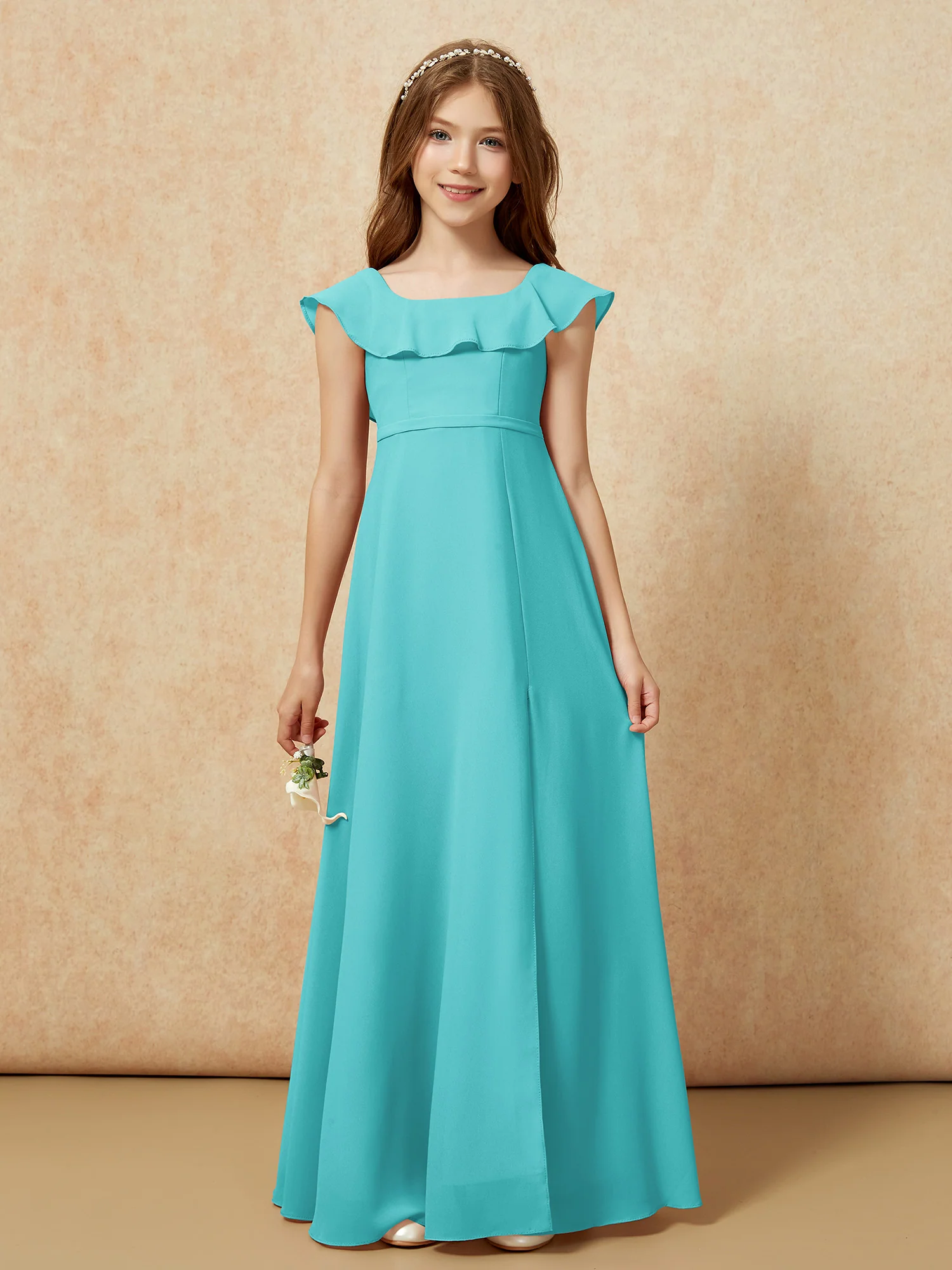 Square Neck Chiffon Junior Bridesmaid Dress With Slit Jade - Image 4