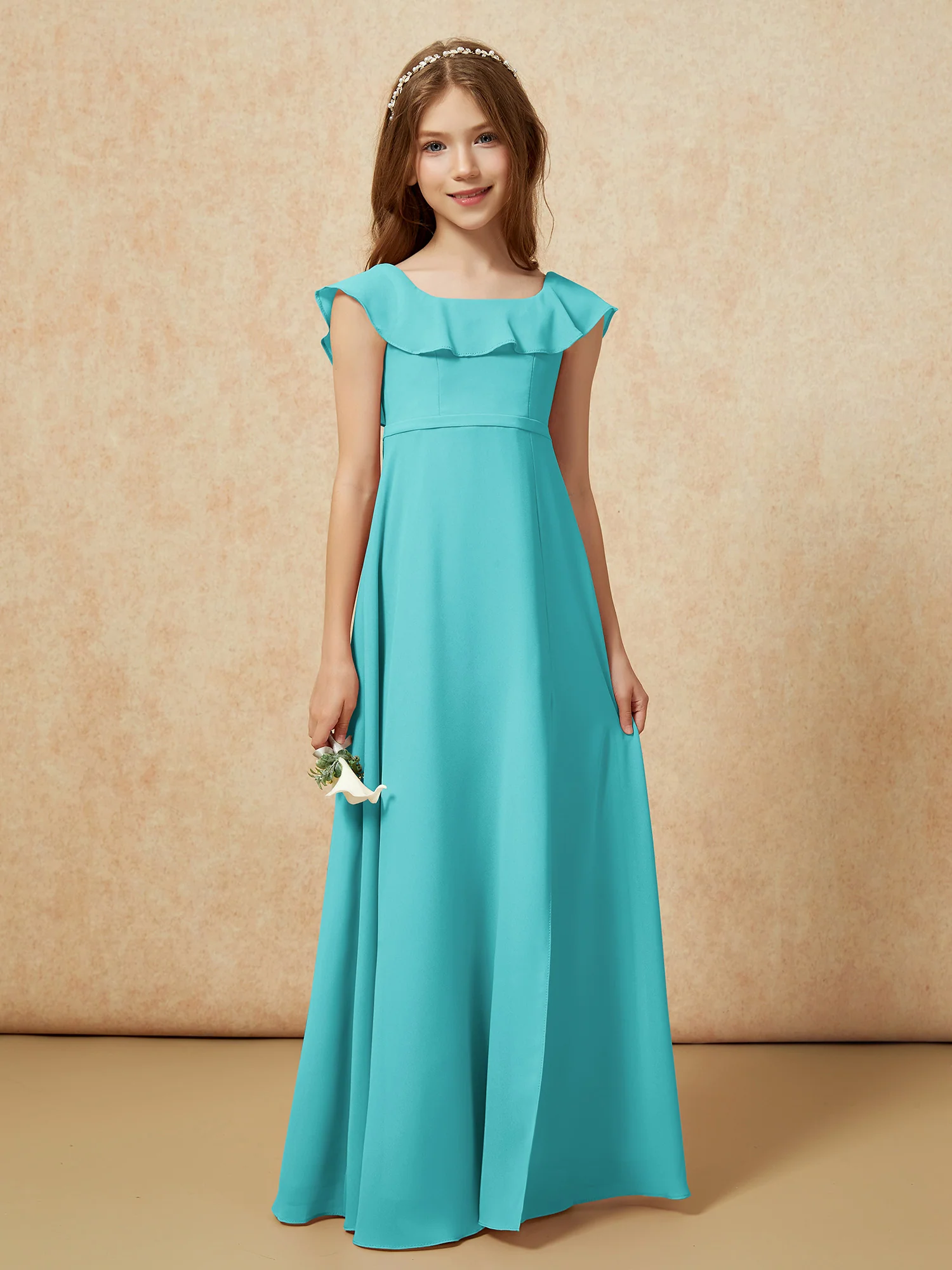 Square Neck Chiffon Junior Bridesmaid Dress With Slit Jade - Image 5