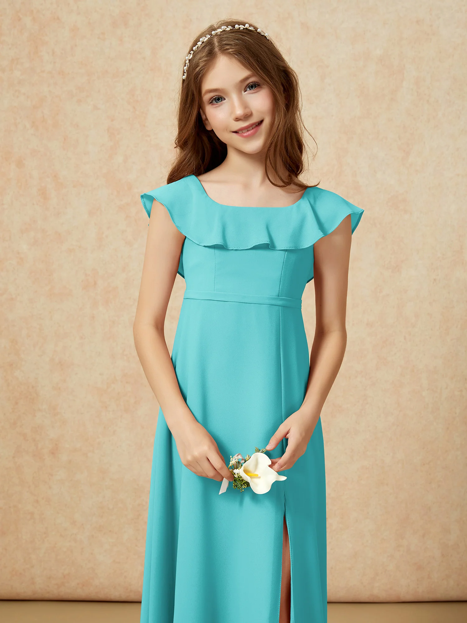 Square Neck Chiffon Junior Bridesmaid Dress With Slit Jade - Image 6