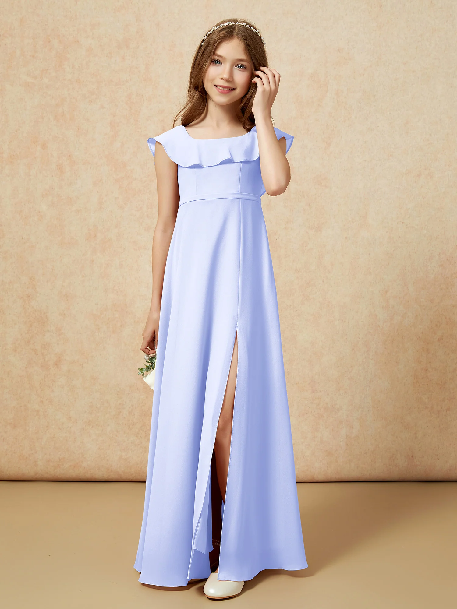 Square Neck Chiffon Junior Bridesmaid Dress With Slit Lavender