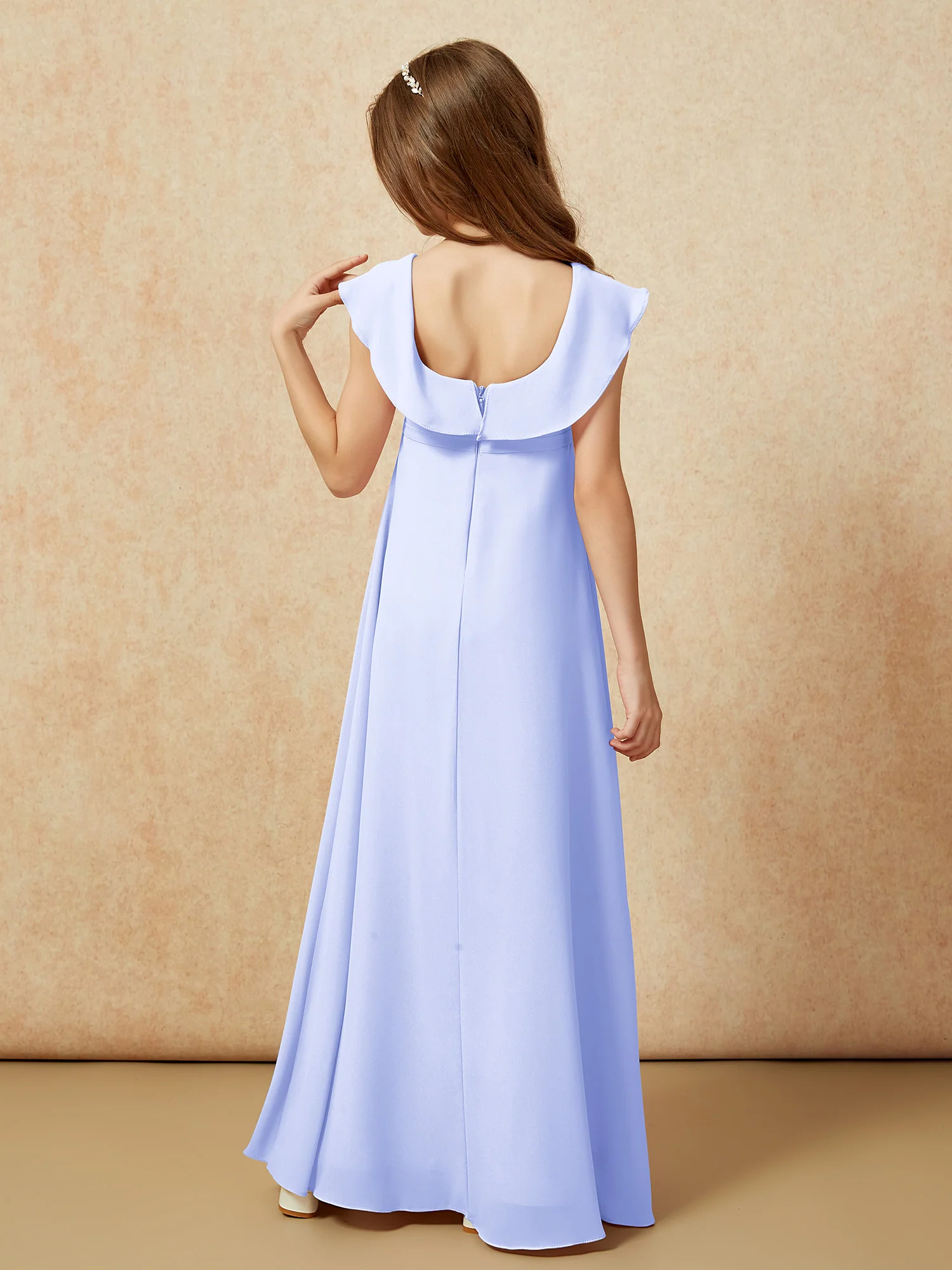 Square Neck Chiffon Junior Bridesmaid Dress With Slit Lavender - Image 2