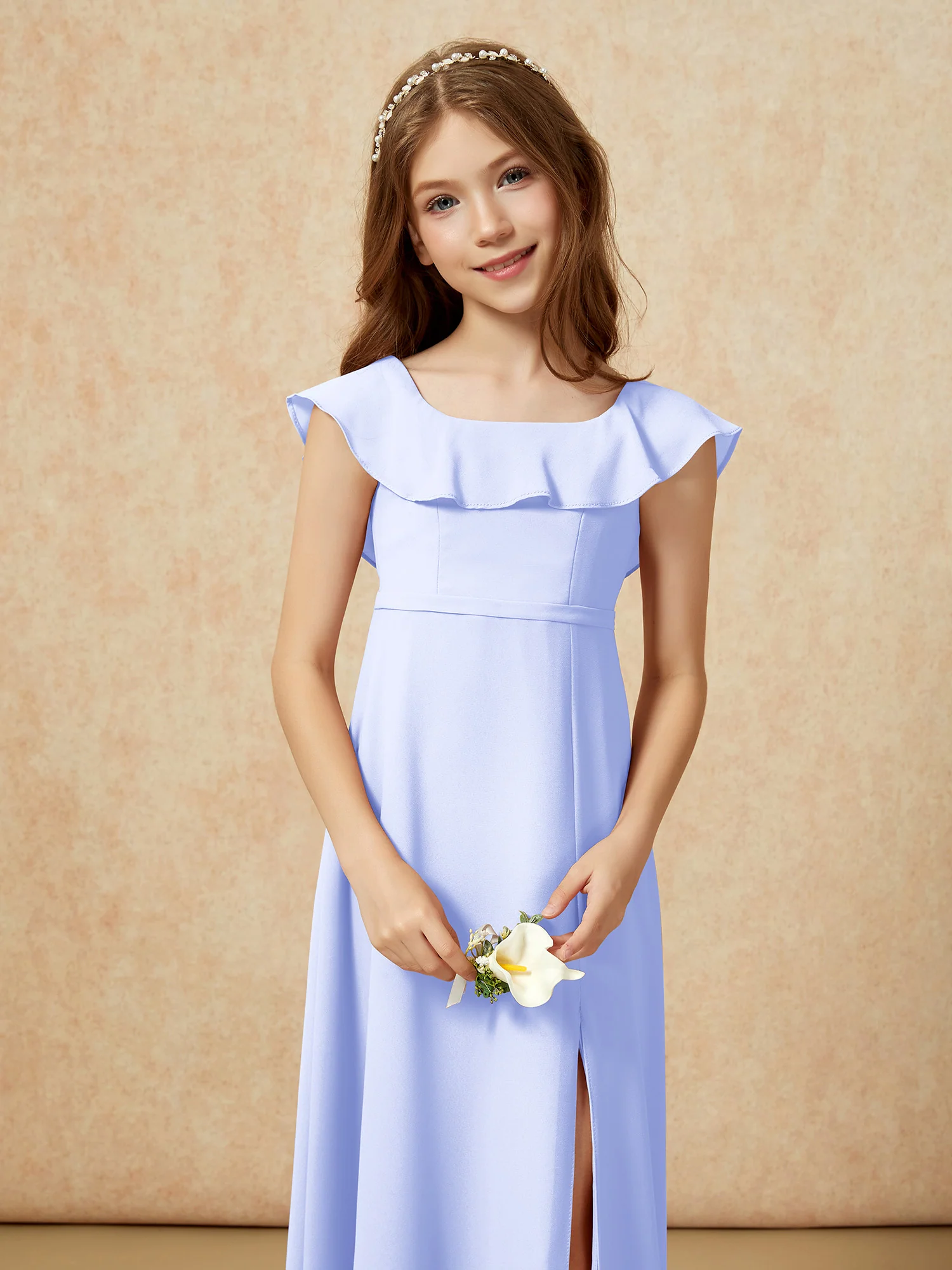 Square Neck Chiffon Junior Bridesmaid Dress With Slit Lavender - Image 6