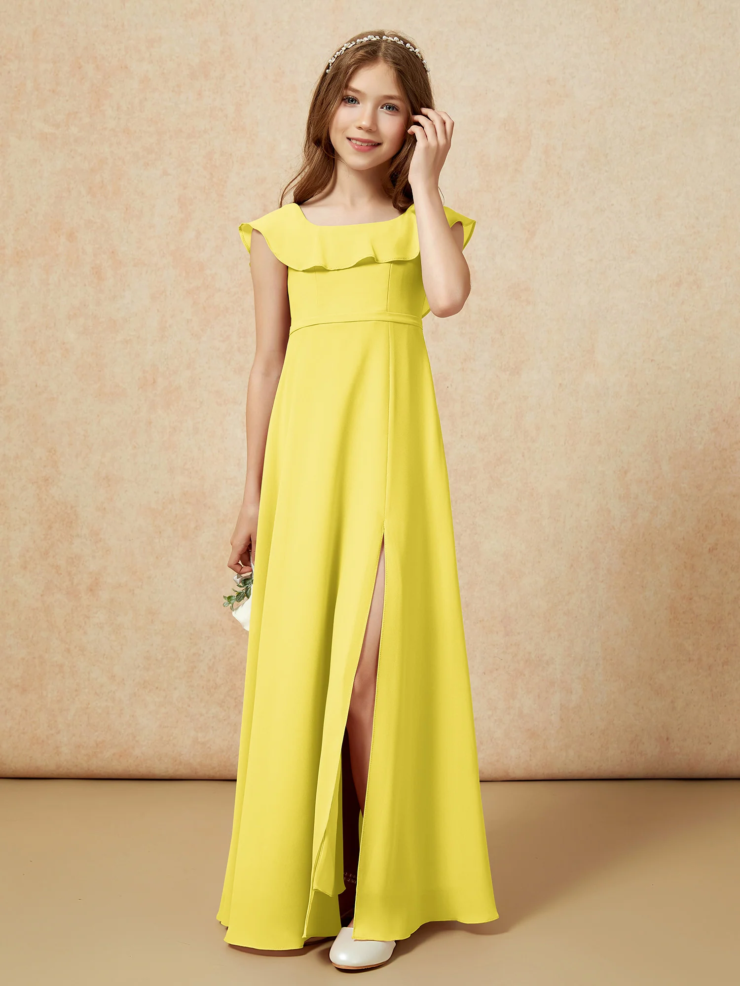 Square Neck Chiffon Junior Bridesmaid Dress With Slit Lemon