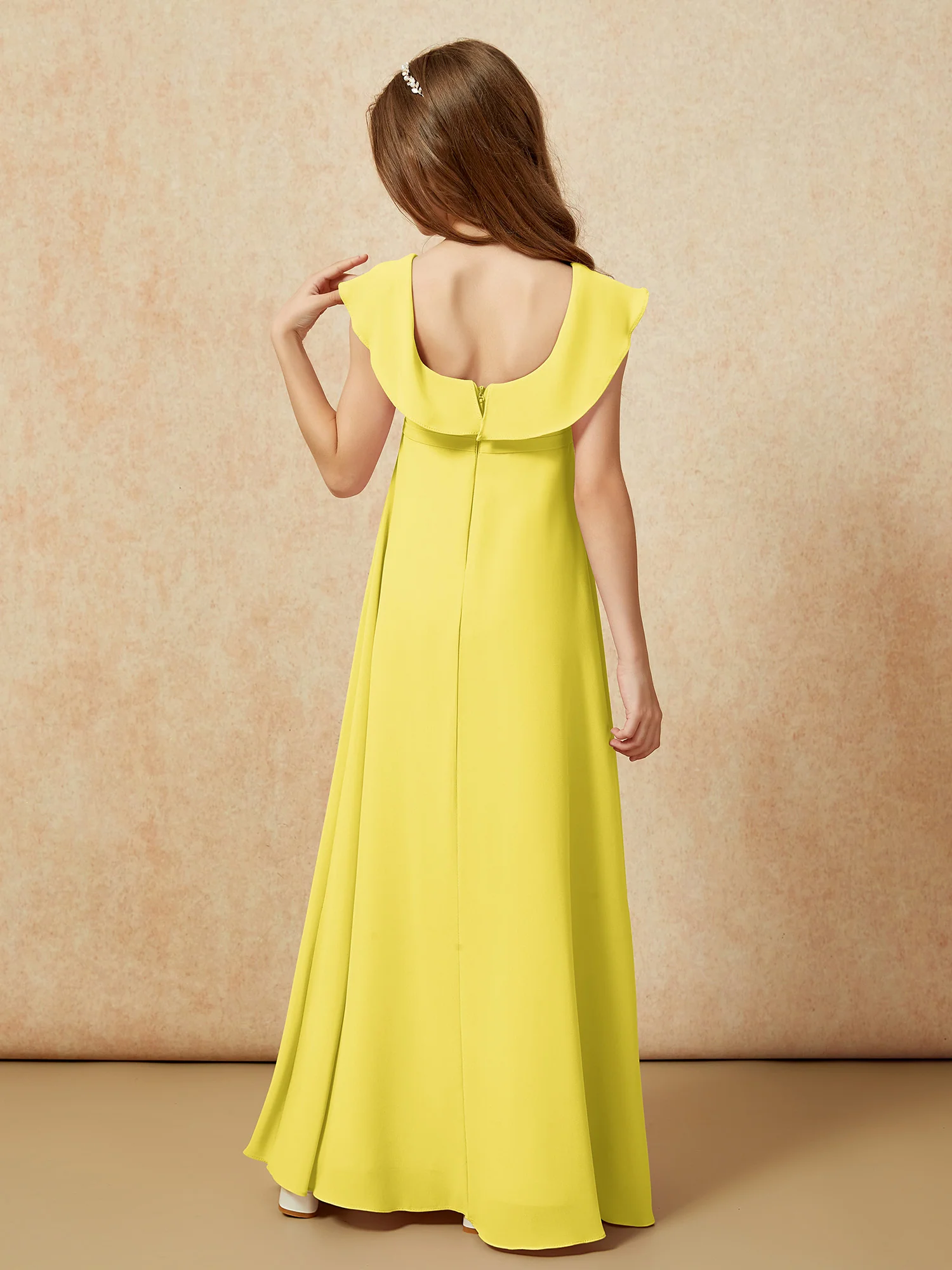 Square Neck Chiffon Junior Bridesmaid Dress With Slit Lemon - Image 2
