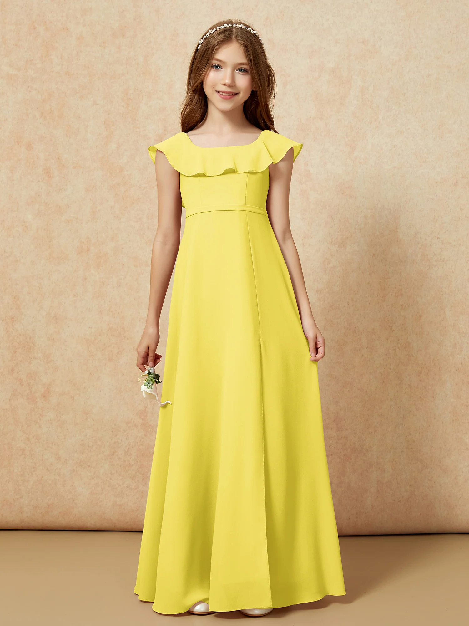 Square Neck Chiffon Junior Bridesmaid Dress With Slit Lemon - Image 4