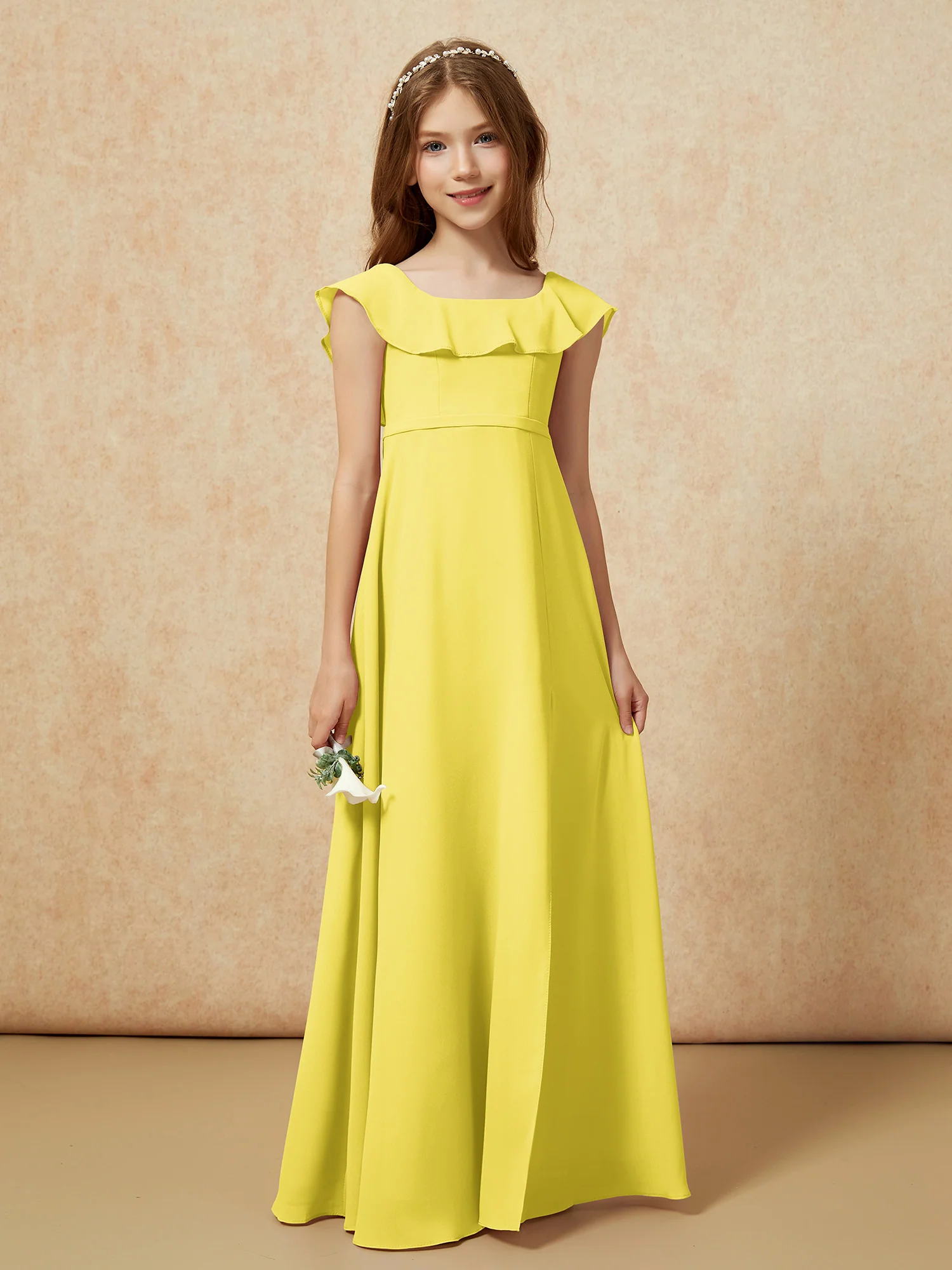 Square Neck Chiffon Junior Bridesmaid Dress With Slit Lemon - Image 5