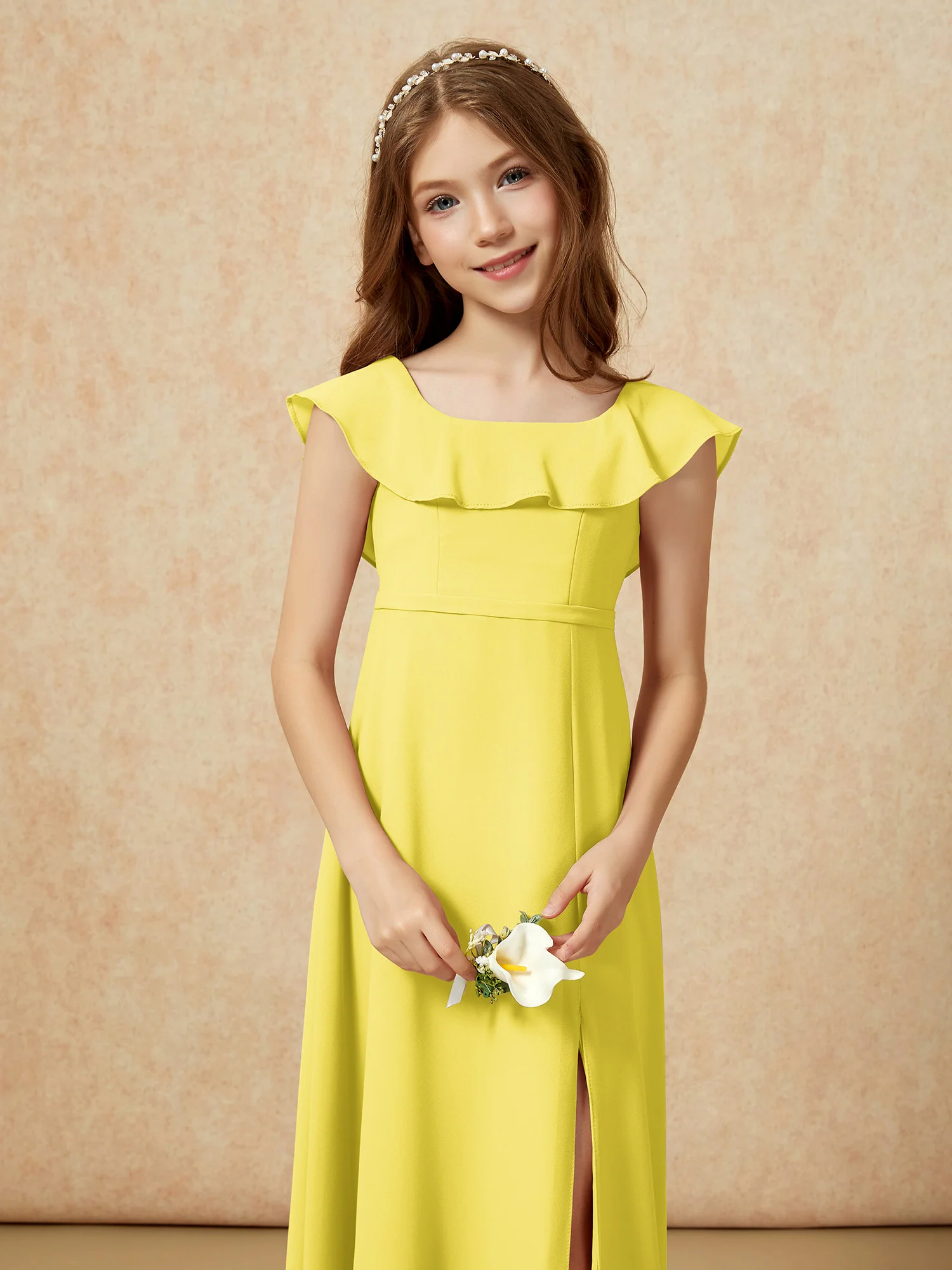 Square Neck Chiffon Junior Bridesmaid Dress With Slit Lemon - Image 6