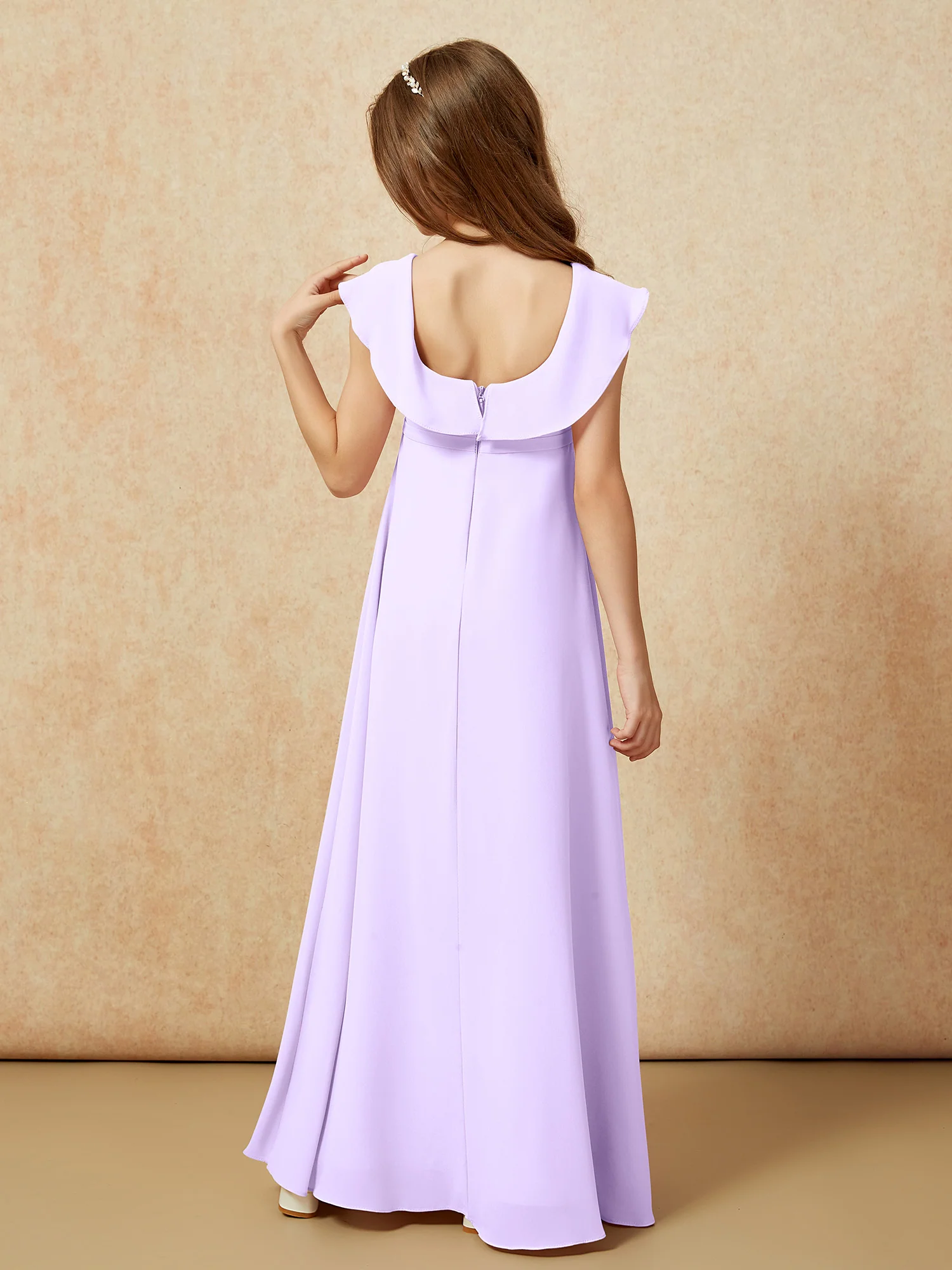 Square Neck Chiffon Junior Bridesmaid Dress With Slit Lilac - Image 2