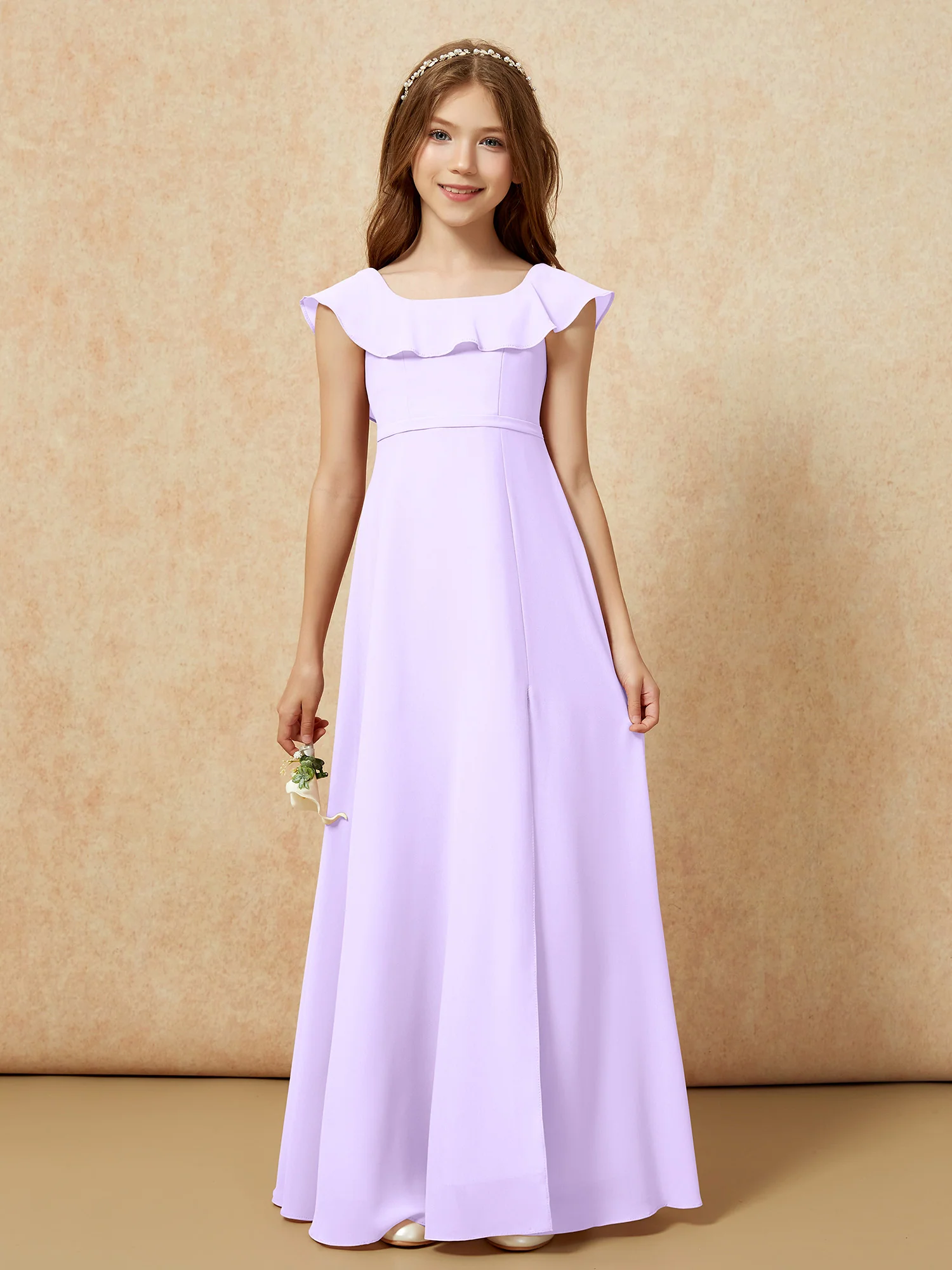Square Neck Chiffon Junior Bridesmaid Dress With Slit Lilac - Image 4