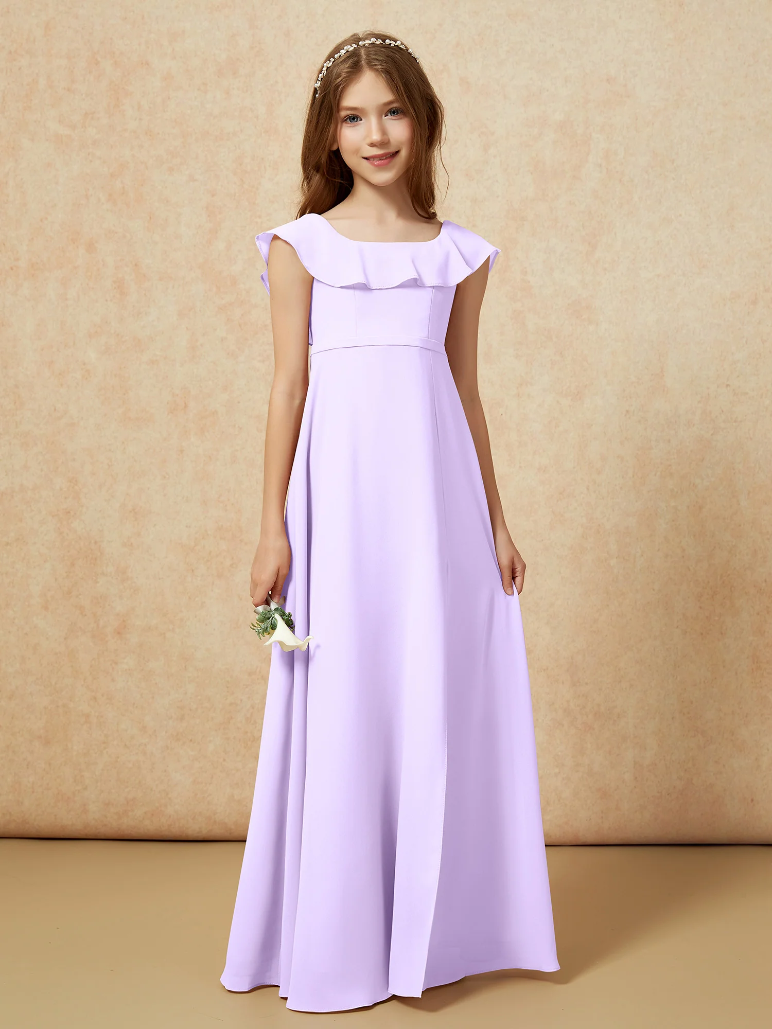 Square Neck Chiffon Junior Bridesmaid Dress With Slit Lilac - Image 5