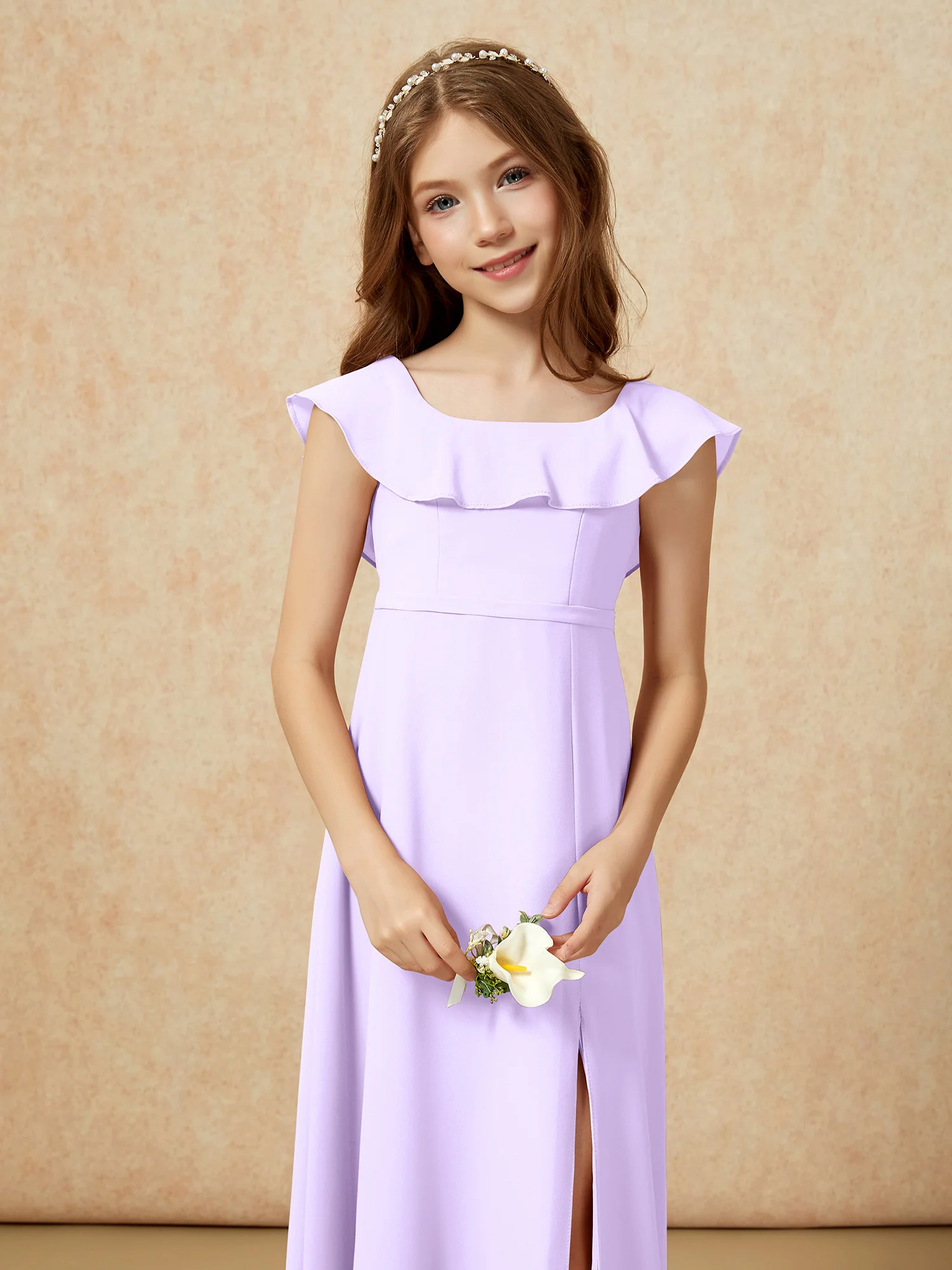 Square Neck Chiffon Junior Bridesmaid Dress With Slit Lilac - Image 6