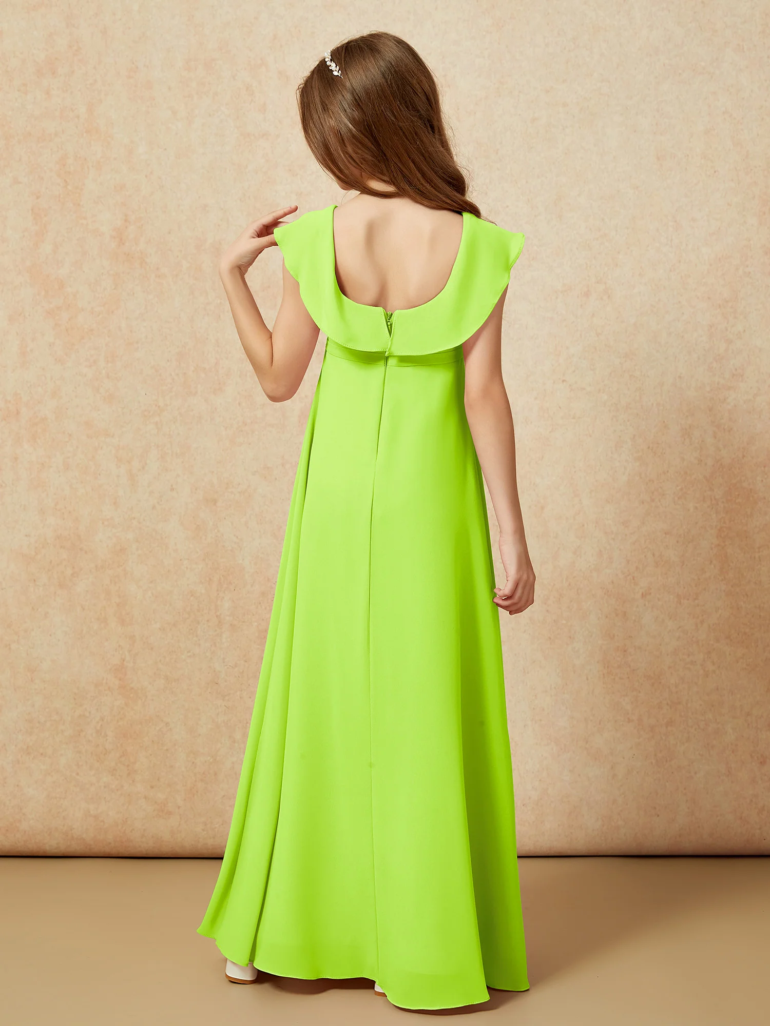 Square Neck Chiffon Junior Bridesmaid Dress With Slit Lime Green - Image 2