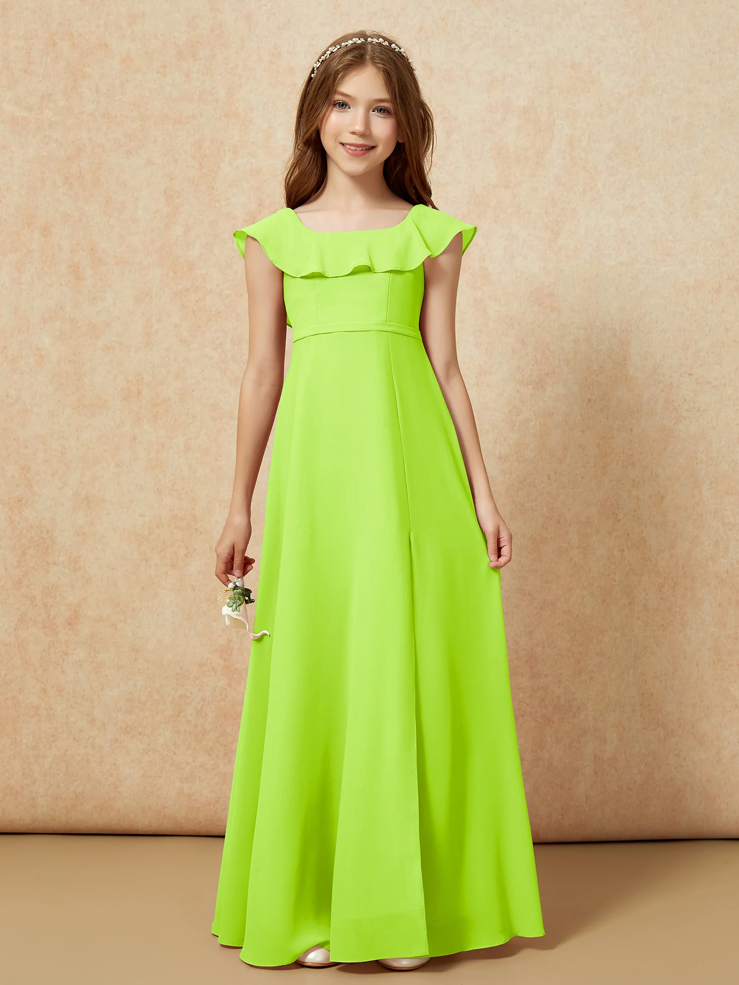 Square Neck Chiffon Junior Bridesmaid Dress With Slit Lime Green - Image 4