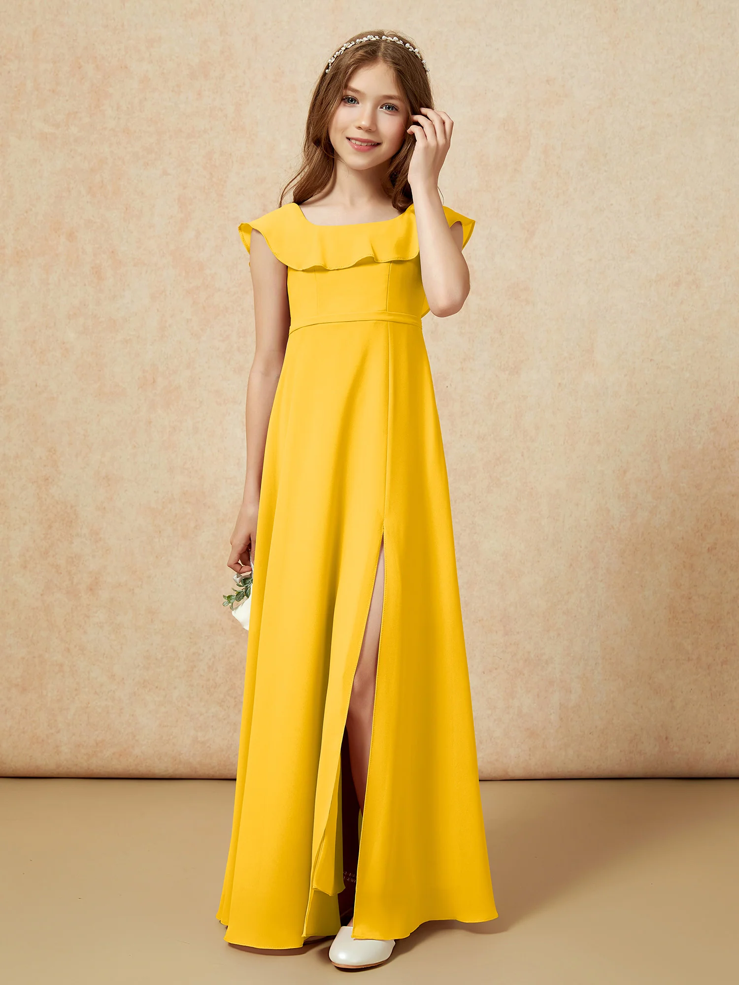 Square Neck Chiffon Junior Bridesmaid Dress With Slit Marigold